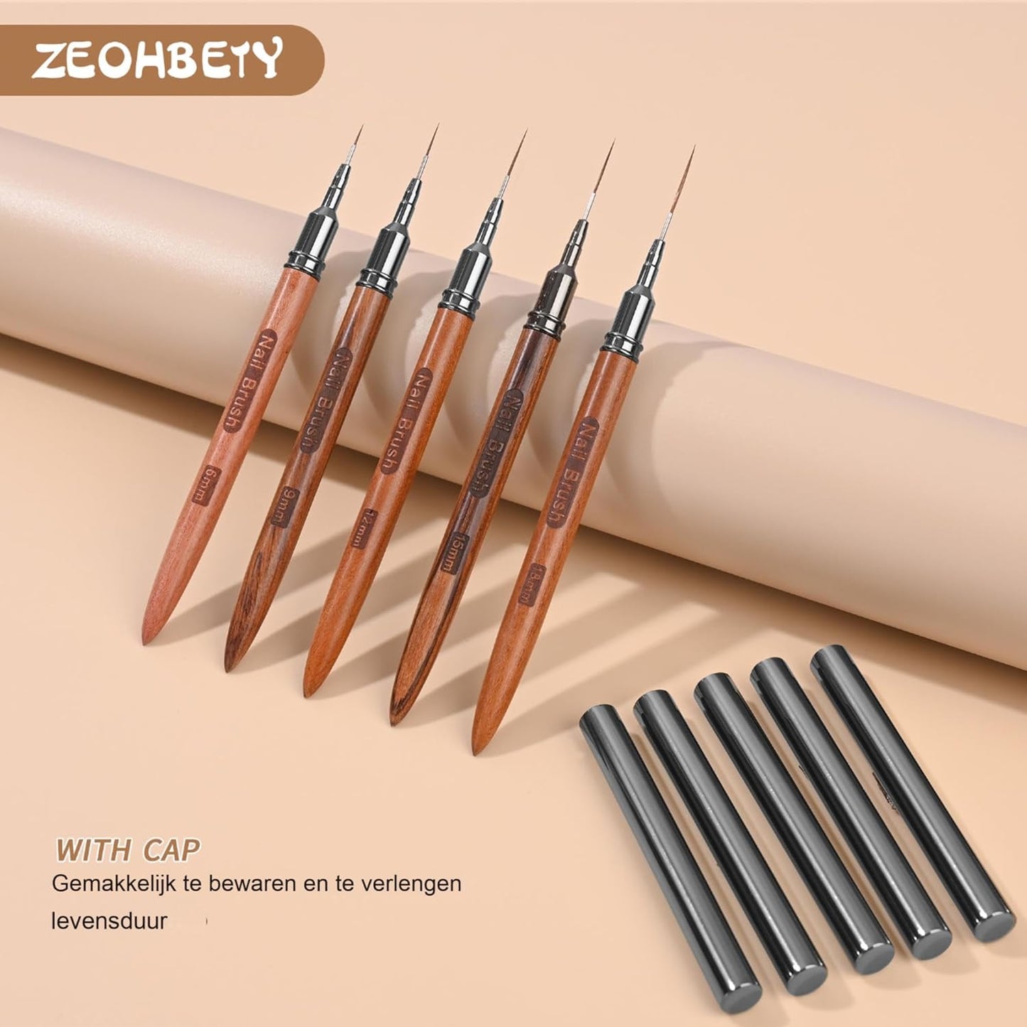 Wooden Nail Art Brushes, 5Pcs Nail Art Liner Brushes, Painting Art Design Brush Set Nail Dotting Drawing Tool for Long Lines, Thin Details, Fine Drawing Sizes 6/9/12/15/18mm, Natural
