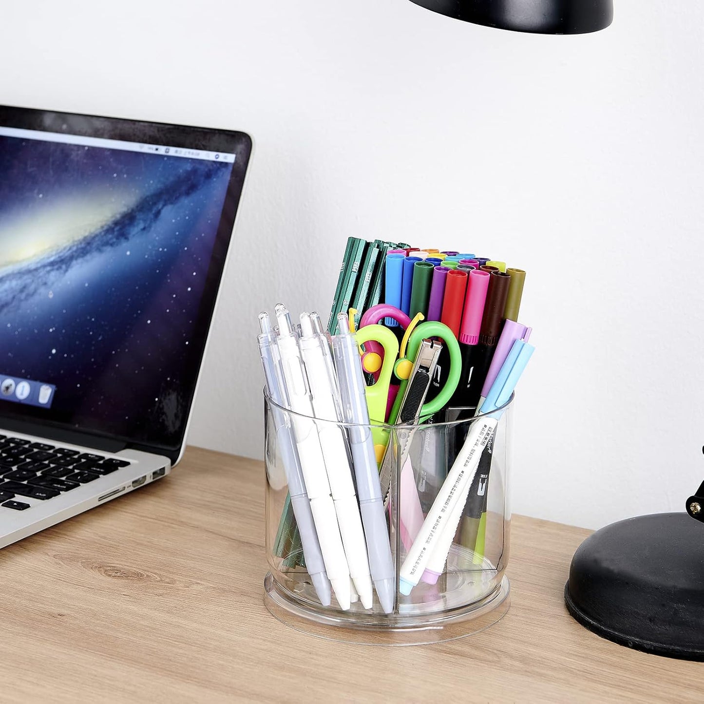 Makeup Brush Holder Organizer -Rotating 360° Clear Storage Cup Containers for Vanity, Desk, Countertop, Spinning Pen Holder for Desk, Round Make up Brush Stand with 5 Slots, for Cosmestics (Clear)