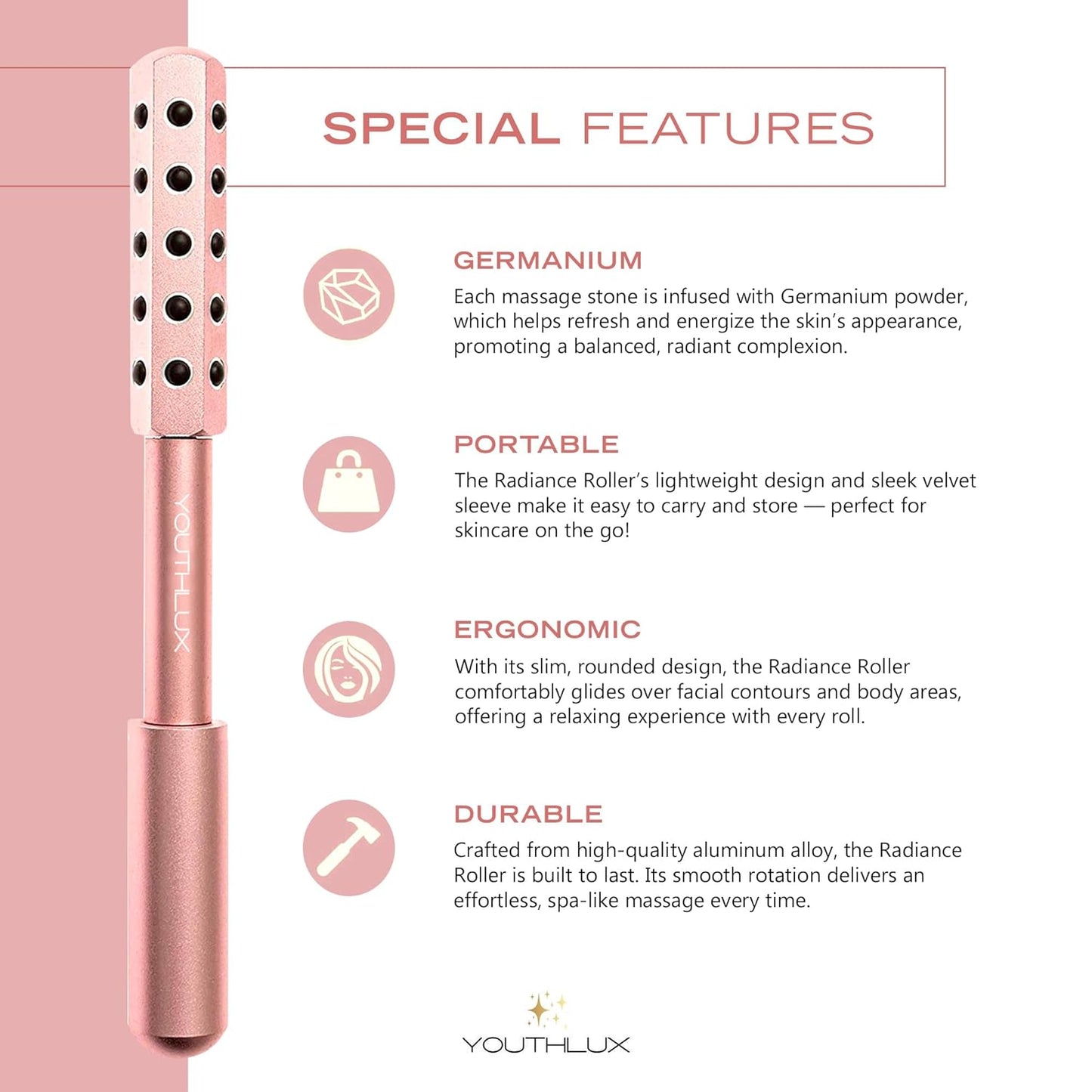 Radiance Roller - Germanium Stone Uplifting Face Beauty Massage Tool/Roller/Wand for Skin Tightening, De-Puffing, Sculpt/Lift, Anti-Aging | Uplift Face Roller, Facial Roller (Rose Gold)