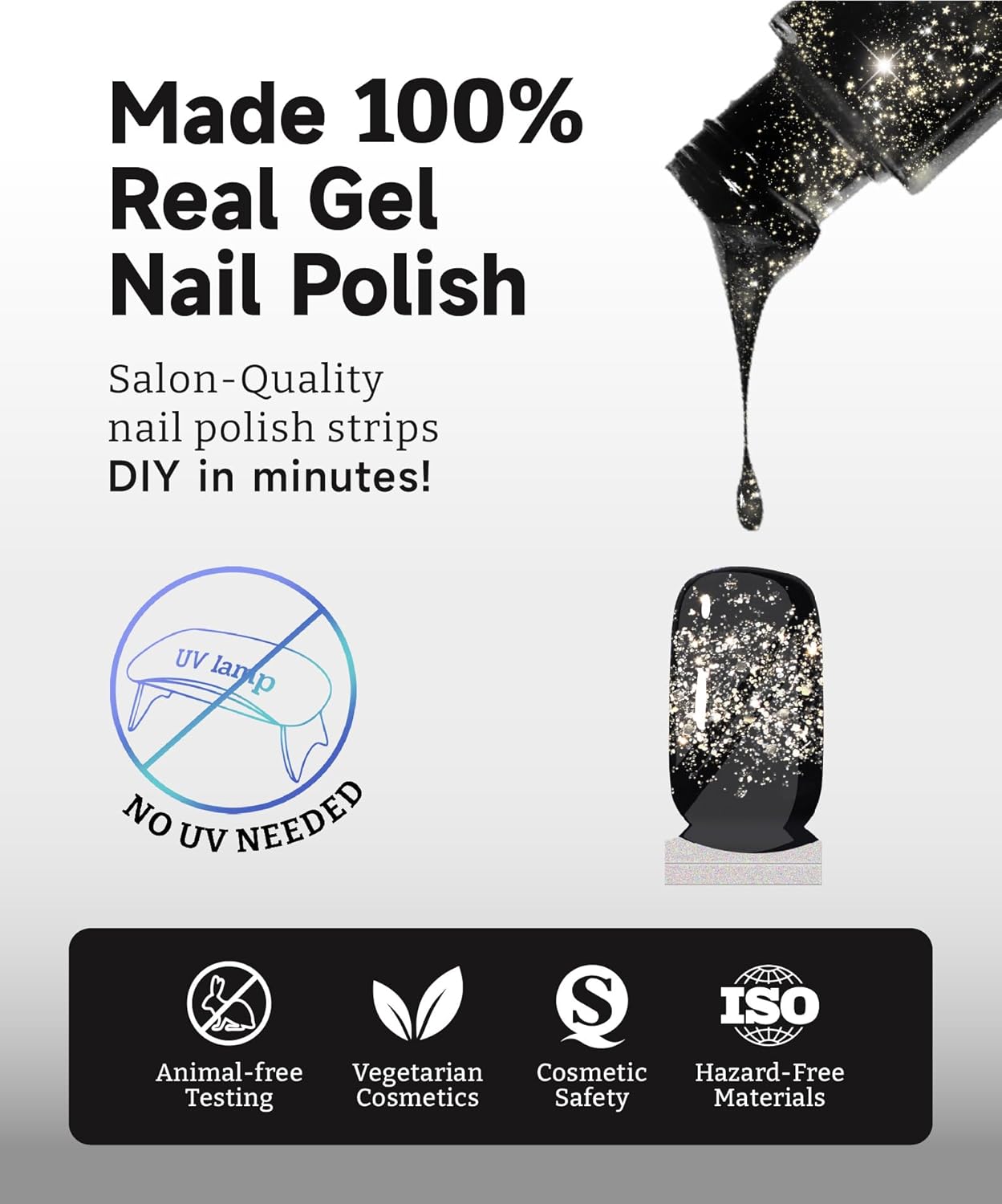 Glitter Nail Polish Strips, 32 Pcs Salon Quality Gel Nail Stickers, Long Lasting Wraps Easy to Use & Remove (Golden Glitter Red)