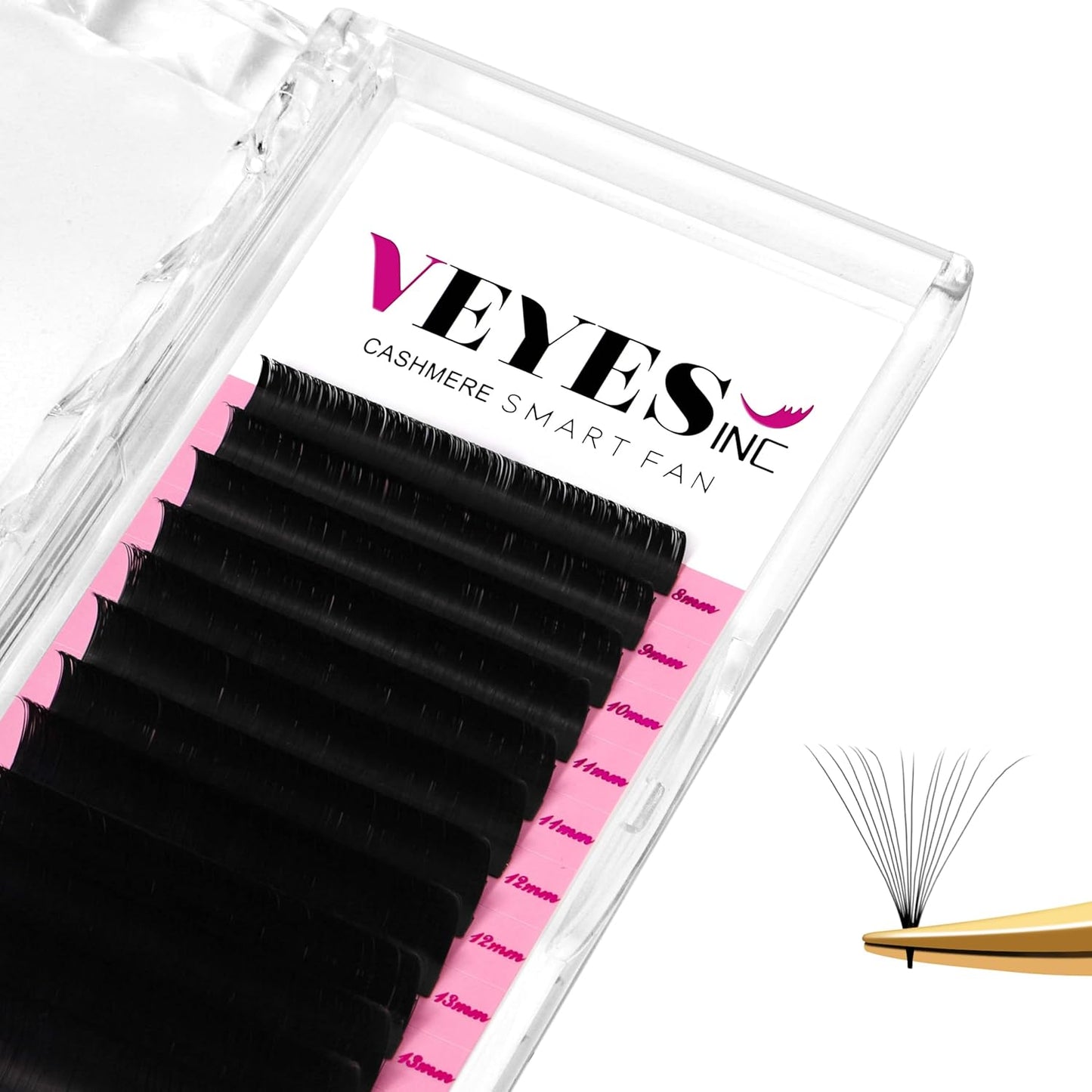 VEYES INC Cashmere Smart Fan Lash Extensions 0.03 0.05 0.07 C/CC/D Curl 8-20mm Mixed & Single Length, Super Matte Black Volume Lashes, Professional Supplies for Lash Techs (0.07 D 11mm)