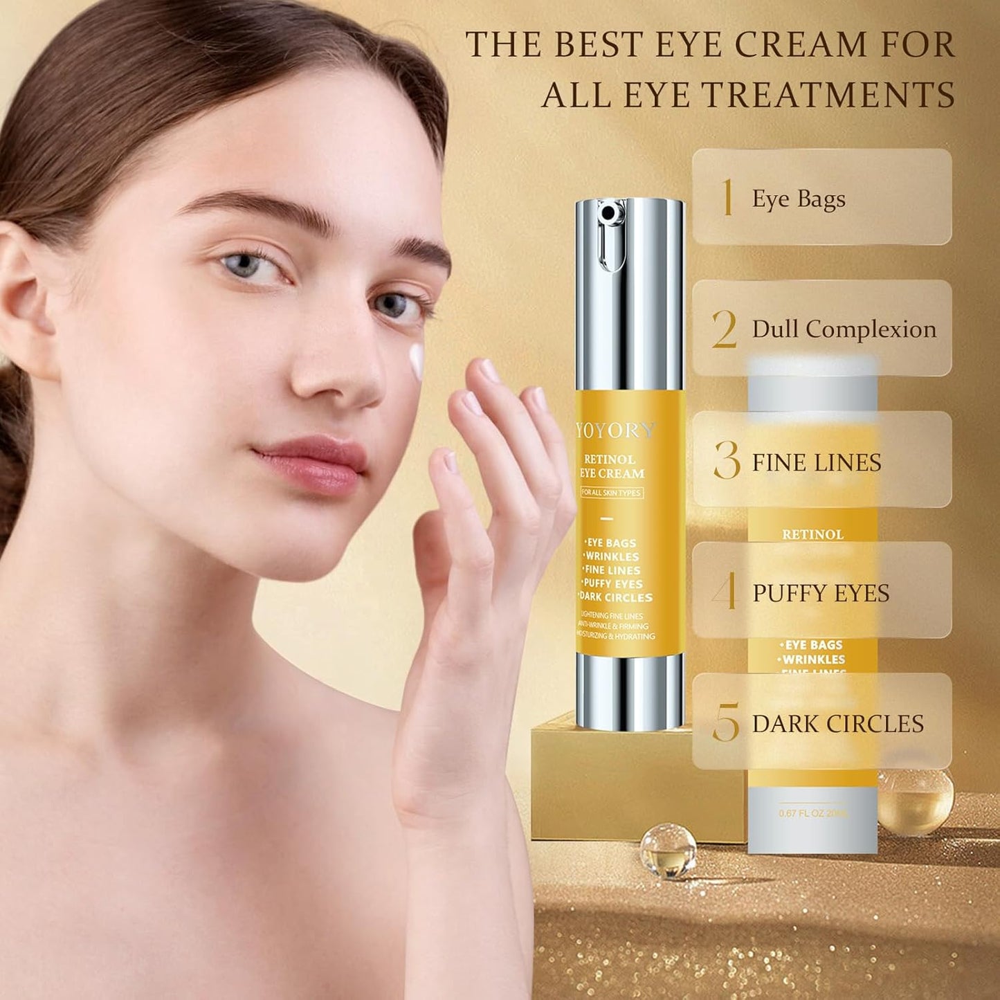 Retinol Under Eye Cream - Anti Aging Eye Cream for Dark Circles and Puffiness, Eye Bags, Wrinkles Fine Lines Skin Care Treatment Firming & Lifts for Man and Women - Gold 20ml
