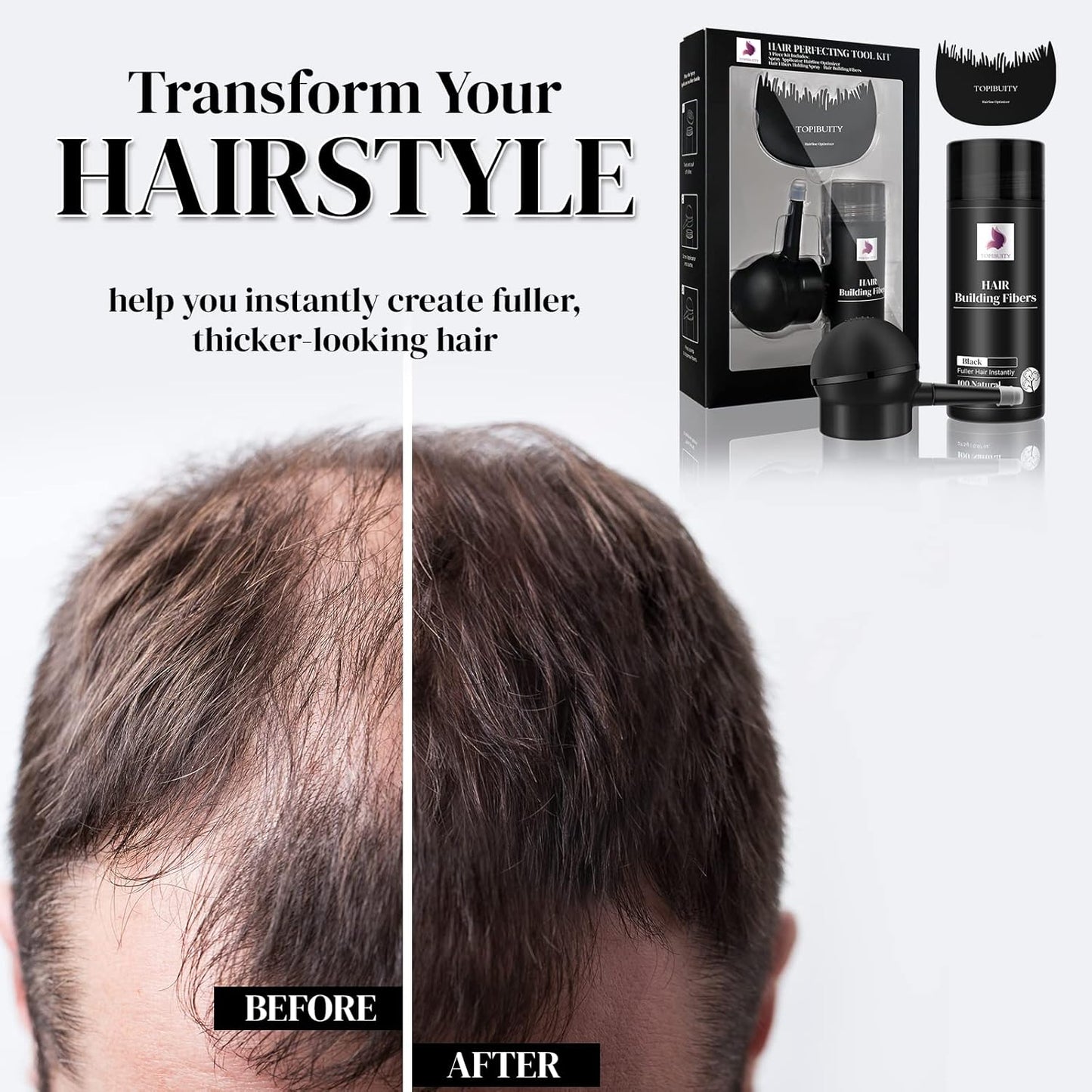 Hair Thickening Fibers & Applicator Set - Natural Long-Lasting Concealer for Fuller Hair, Thicker Beard & Crisp Hairlines (BLACK)