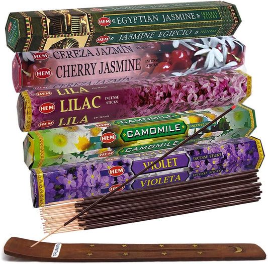 TRUMIRI Incense Sticks Variety Pack #13: 5 Fragrances (Egyptian Jasmine, Cherry Jasmine, Lilac, Camomile, Violet) - 100 Sticks (20 of Each) with Holder