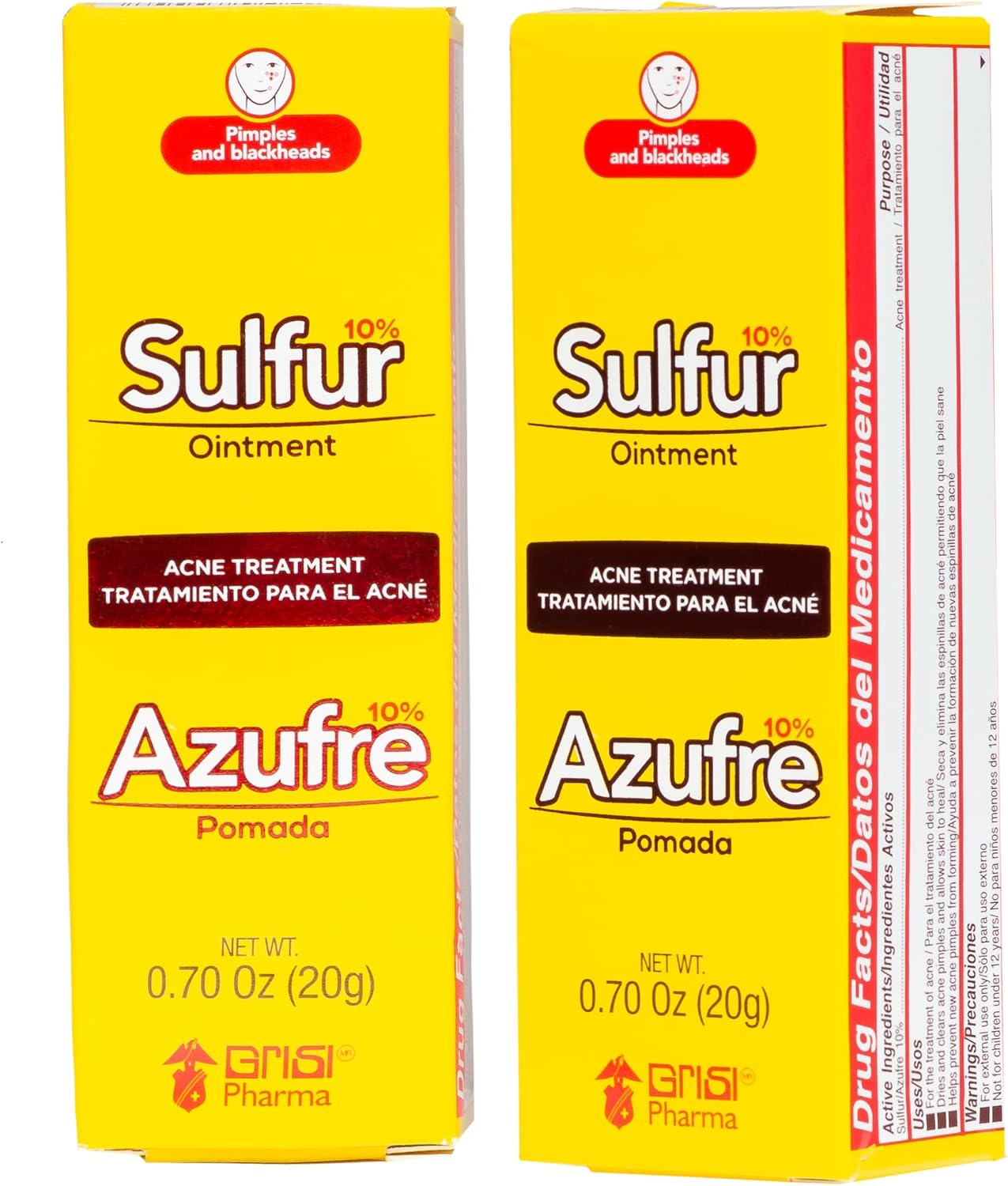 Biosulfur Grisi Acne Treatment: Fights Pimples, Blackheads, Blemishes, Improves Damaged Skin from Acne Scars, Prevents Breakouts, Keeps Pores Clear, Controls Oil, Sulfur Ointment, 0.70 Ounce, 2-Pack