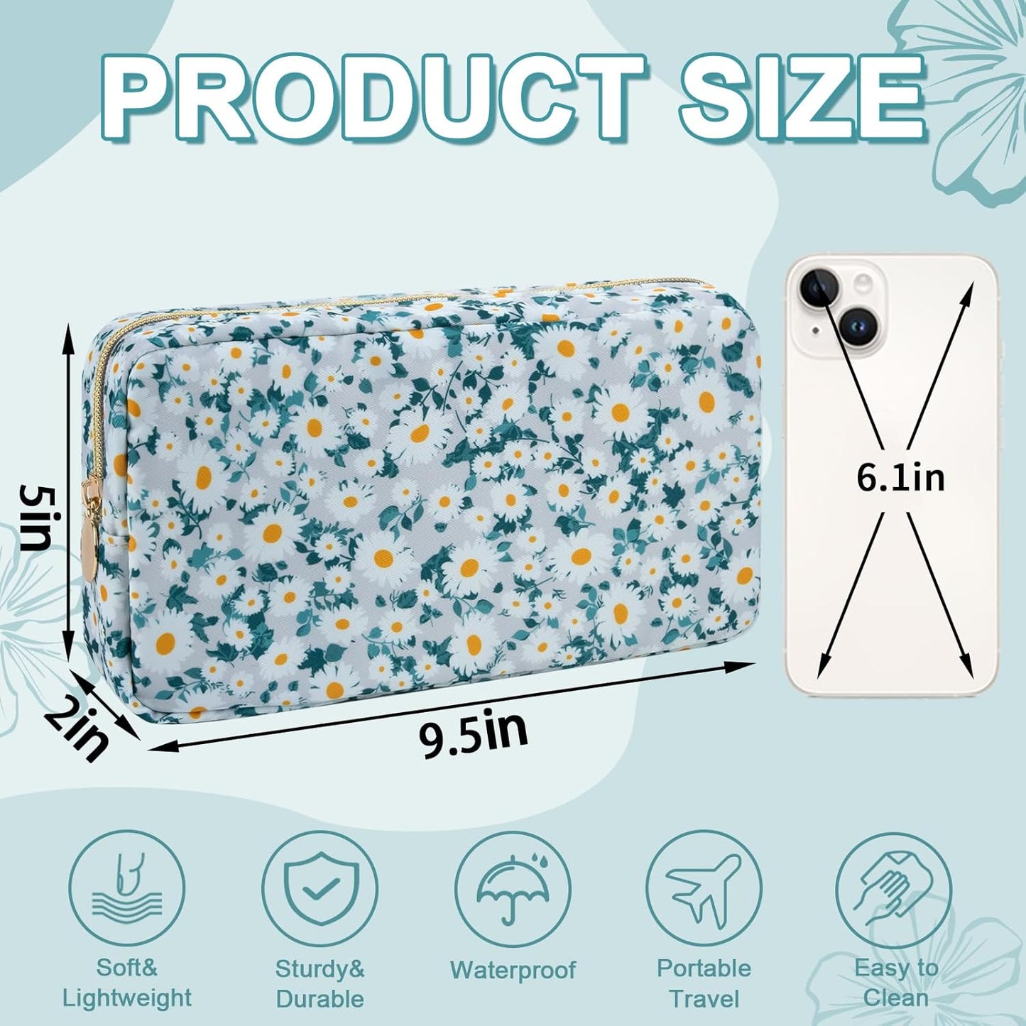 Waterproof Small Floral Makeup Bag Pouch for Purse,Nylon Flower Cosmetic Bag Preppy Travel Toiletry Storage Bag for Women Girl,Cute Makeup Organizer Bag Skincare Bag with Zipper(Small Green-Daisy)