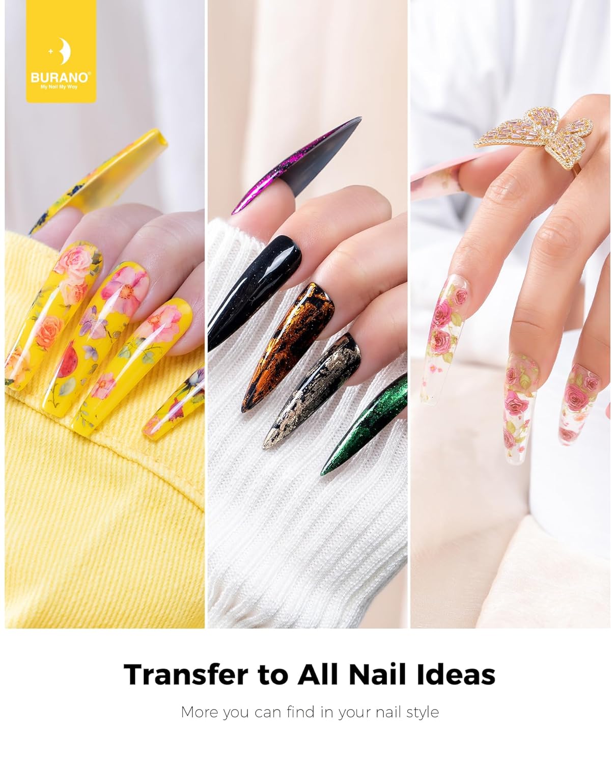 BURANO Nail Art Nail Foil Glue Gel, o.5 oz with 10PCS Foil Stickers Set Nail Foil Glue for Nails Foil Transfer Gel, Nail Design DIY UV LED Lamp Required (Marble Foil 15)