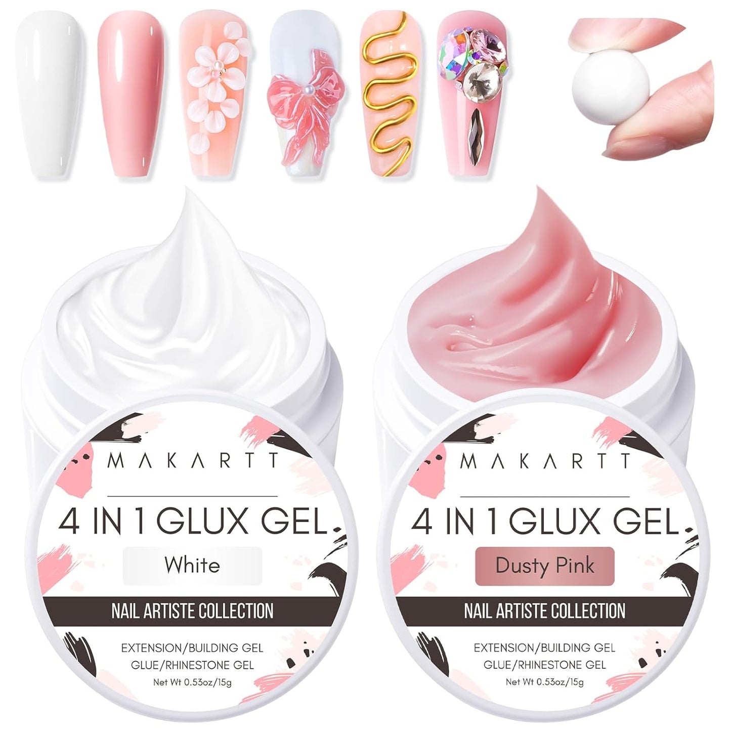Makartt 3D Gel Nail Art: 4-in-1 Solid Gel Builder Non-sticky for Extension, 2pcs White and Dusty Pink 3D Sculpting Gels, UV Glue for Fake Nails, Rhinestones & Carving Hard Gels for UV/LED Lamp Require