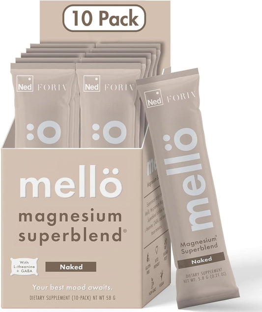 Mellö Magnesium Supplement Superblend Powder - Magnesium Glycinate with L-Theanine, GABA, and Trace Minerals - Supports Sleep, Relaxation, and Balanced Energy - Unflavored, 10-Pack, Singles