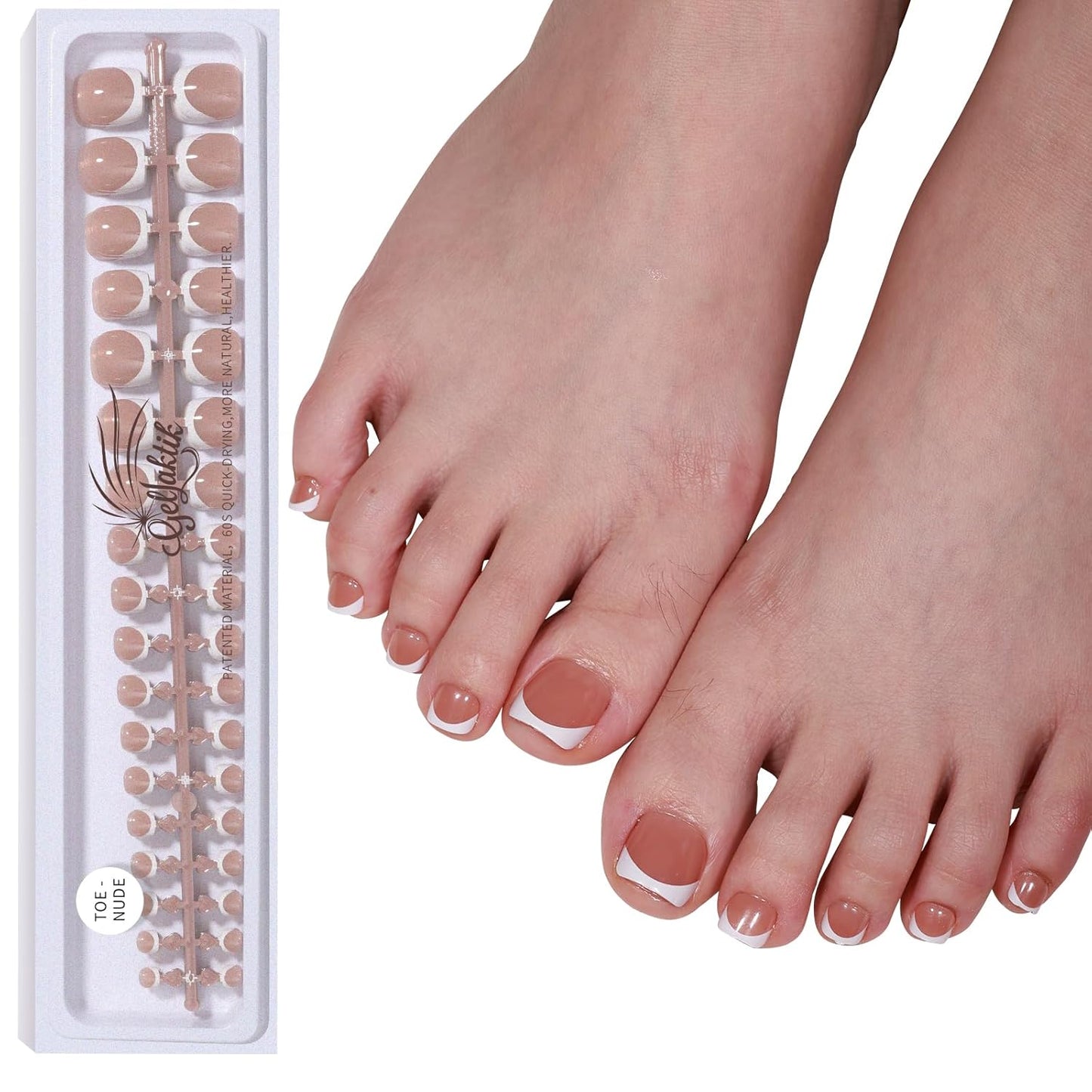 French Tip Press on Toenails 144PCS with 4 Strips, 18 Sizes Nude Fake Nails - No Need to File, Pre-applied Primer, Short Square Toe Nails Kit for Women Pedicure & Gift