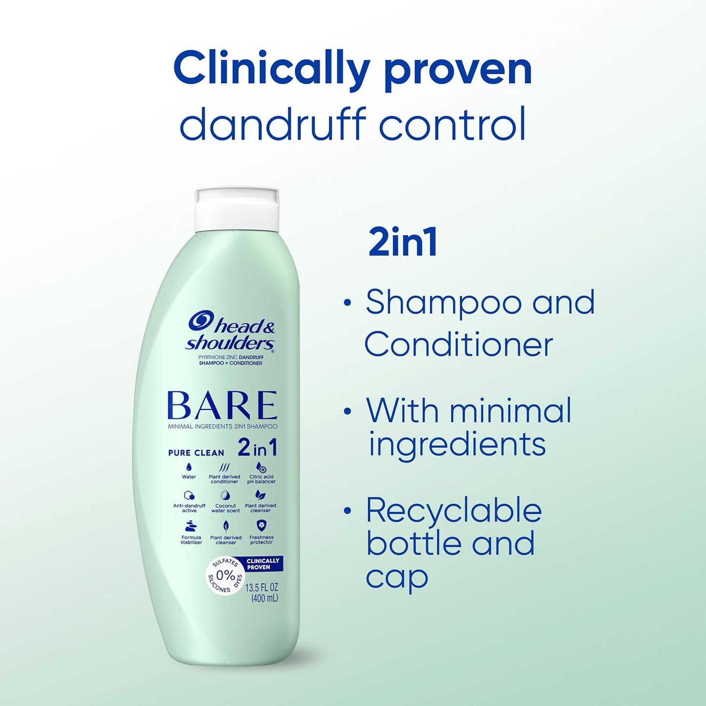 Head & Shoulders BARE 2-in-1 Dandruff Shampoo And Conditioner Twin Pack, Pure Clean, Sulfate-Free, Silicone-Free, Dye-Free, Eco-Friendly Bottles, Safe for All Hair Types, 13.5 Fl Oz Each (Set of 2)