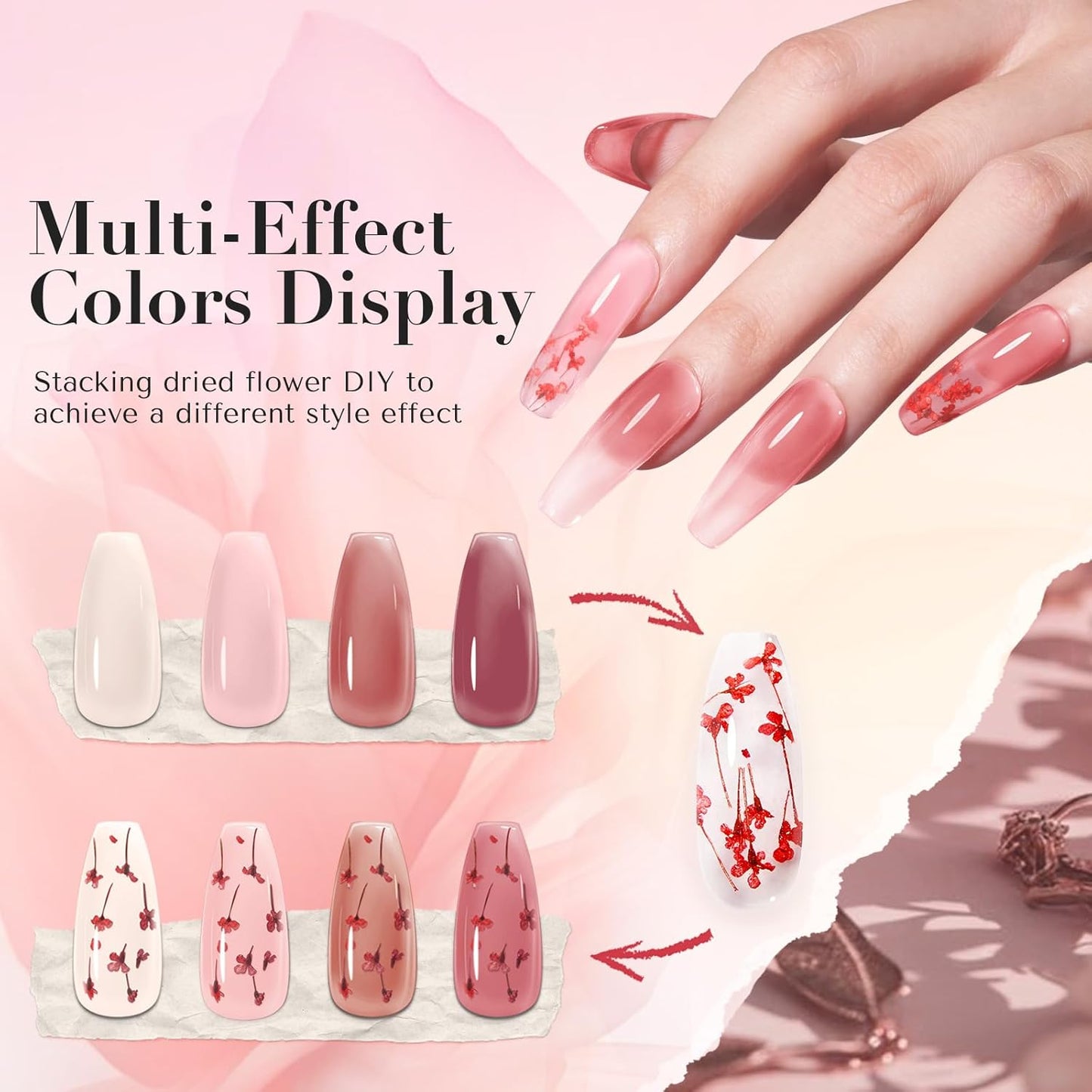 AZUREBEAUTY Dip Powder Nail Kit, 4 Colors Jelly Transparent with Dried Flower Set, Nude Brown Natural Dipping Powder Starter Liquid Set Recycling Tray with Base & Top Coat Activator