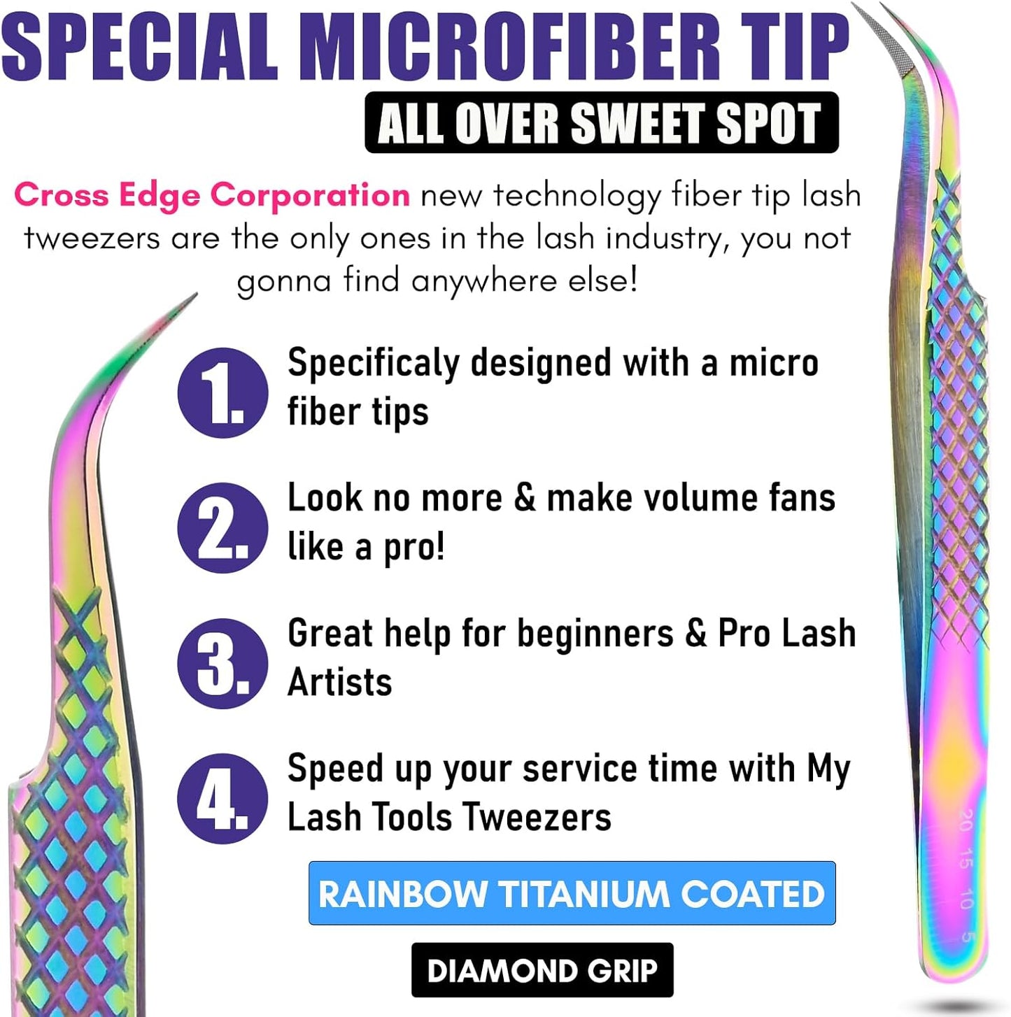 Fiber Tip Tweezers for Lash Extensions Professional Eyelash Extension Tweezer, Fiber Grip Curved Lash Fan Making Tweezers for Volume lashes Extensions (Rainbow, 1Pc)