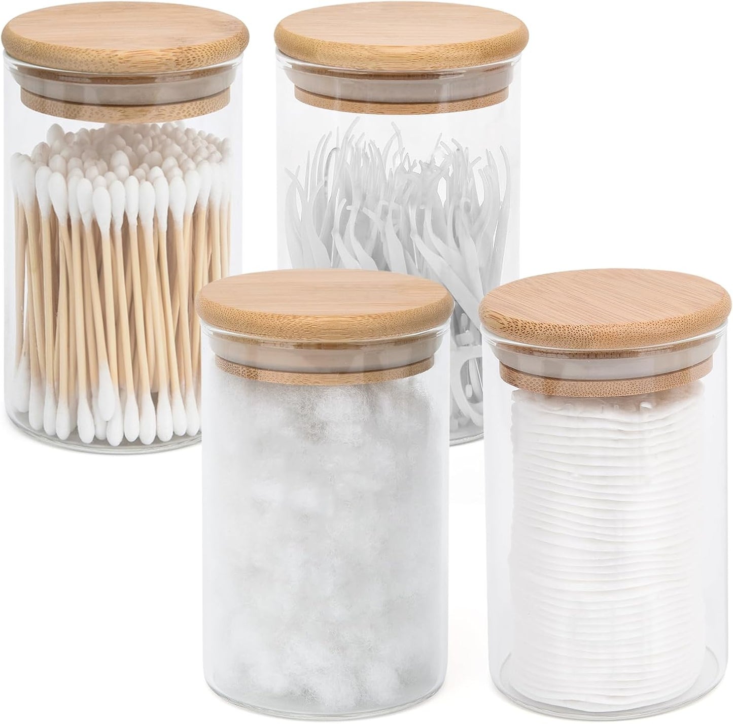 4 Pack Glass Qtip Holder Dispenser Set - Apothecary Jars with Lids for Vanity Makeup Organizer - Bathroom Canister Storage Organizer for Cotton Ball, Swab, Round Pads,Floss