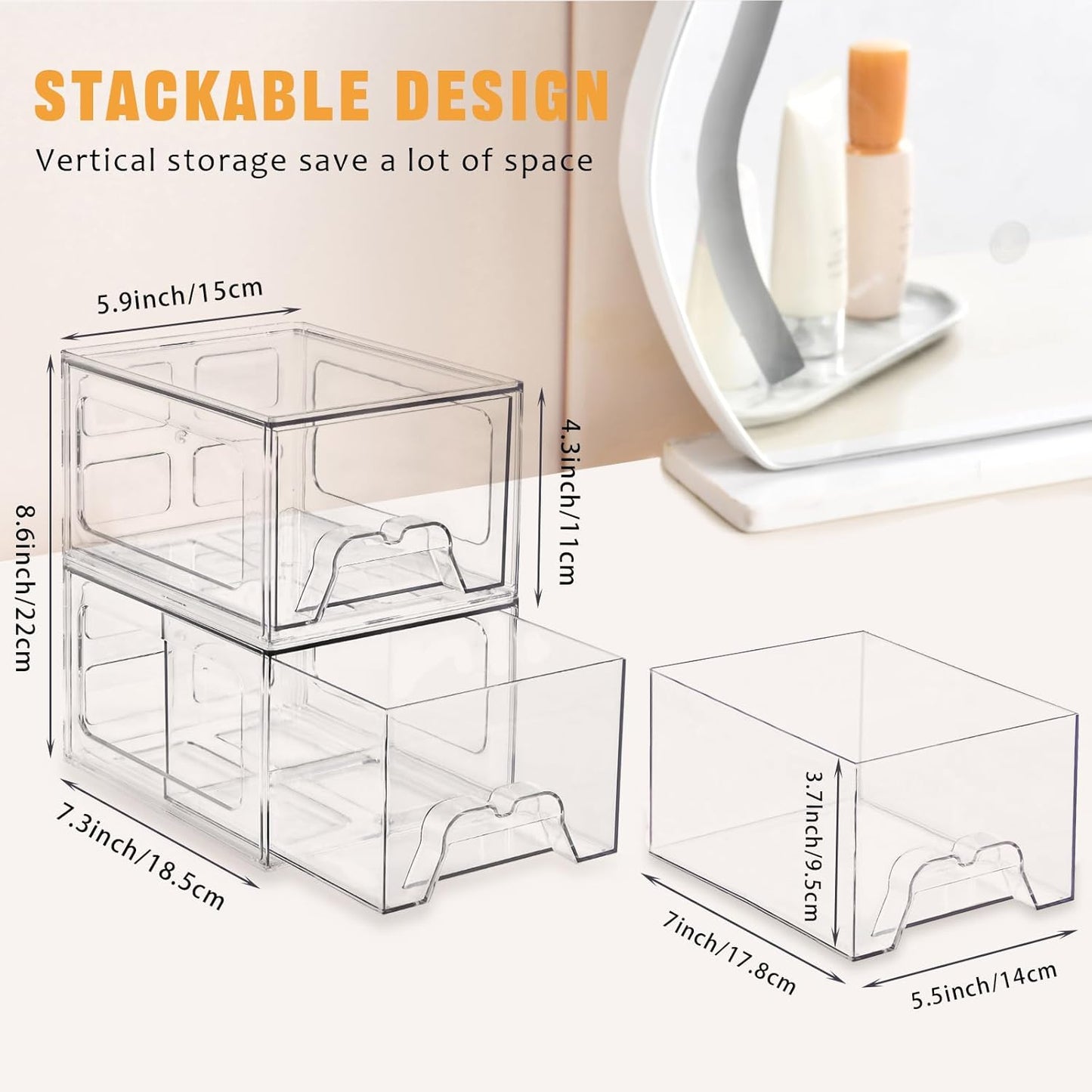 6 Pack Stackable Makeup Organizer, 4.4'' Tall Acrylic Bathroom Makeup Organizer and Storage Drawer with Pull-out Handle, Clear Plastic Storage Bins for Vanity,Pantry,Desk,Undersink,Kitchen