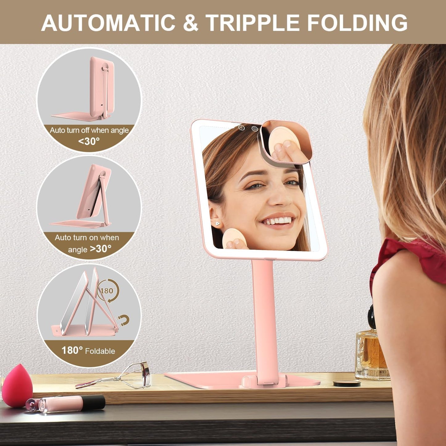 Mocado Travel Makeup Mirror with Light, Tripple Folding Vanity Mirror with Lights, 3 Colors Lighted Makeup Mirror, 1500mAh Rechargeable, Memory Function, Freely Adjust Height and Angle(Pink)