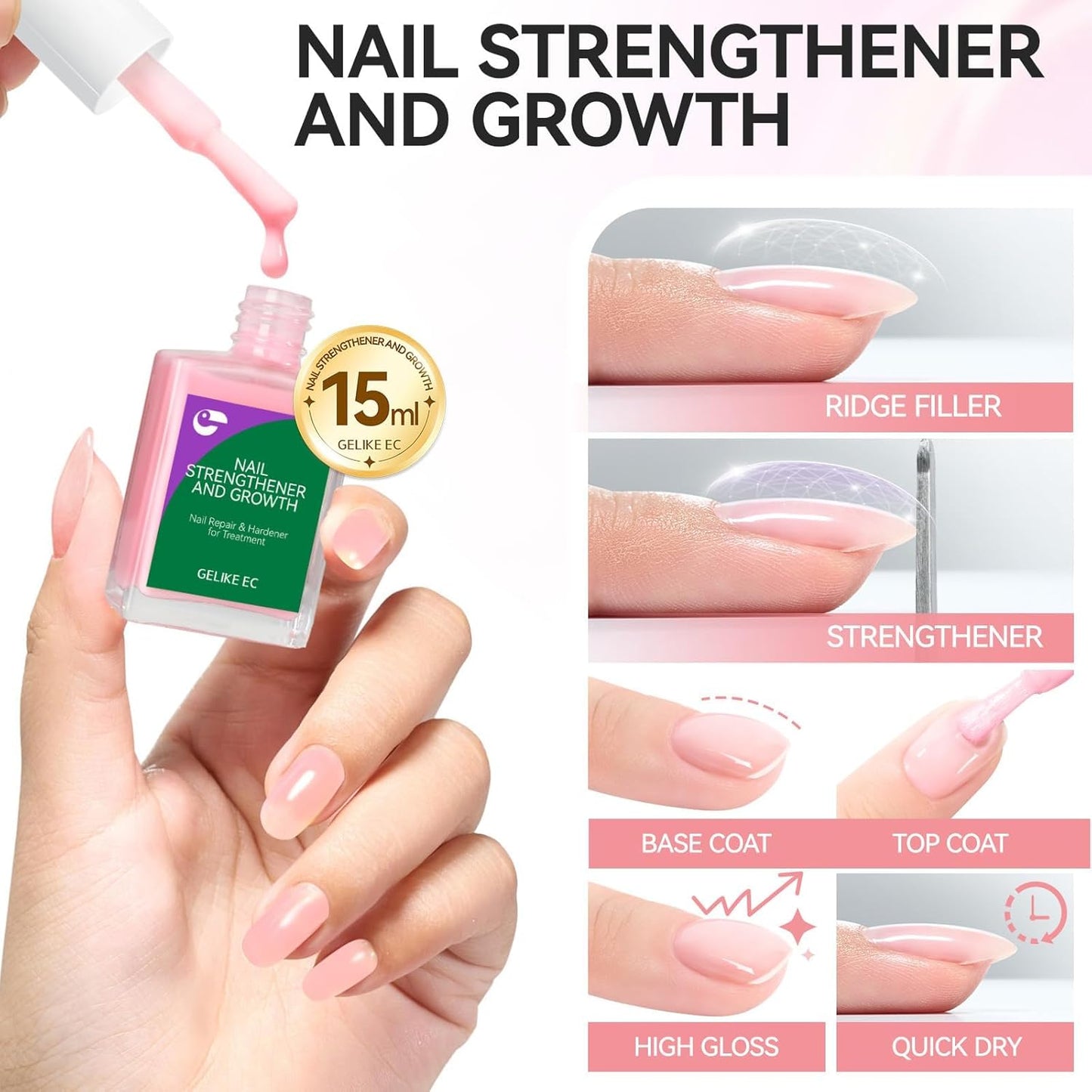 Nail Strengthener Protein for Damaged Nails: Pink 15ml 6 in 1 Natural Nail Hardener Extra Strong and Growth - Long Lasting Repair for Damaged Nails - Growth Oil for Salon Home Daily Work