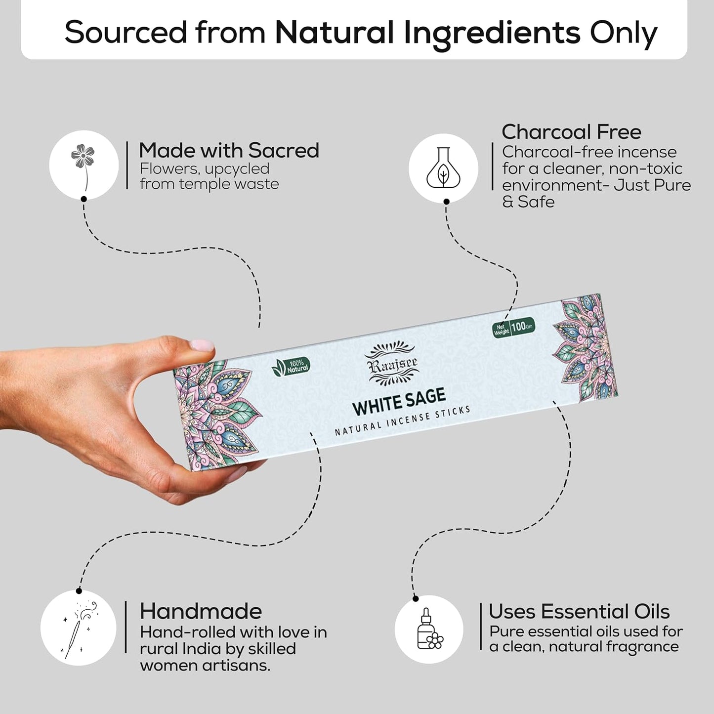 Raajsee White Sage Incense Sticks (180 gm), 100% Pure Organic Natural Hand Rolled Free from Chemicals - Perfect for Aromatherapy, Cleansing, Meditation, and Church (Pack of 12)