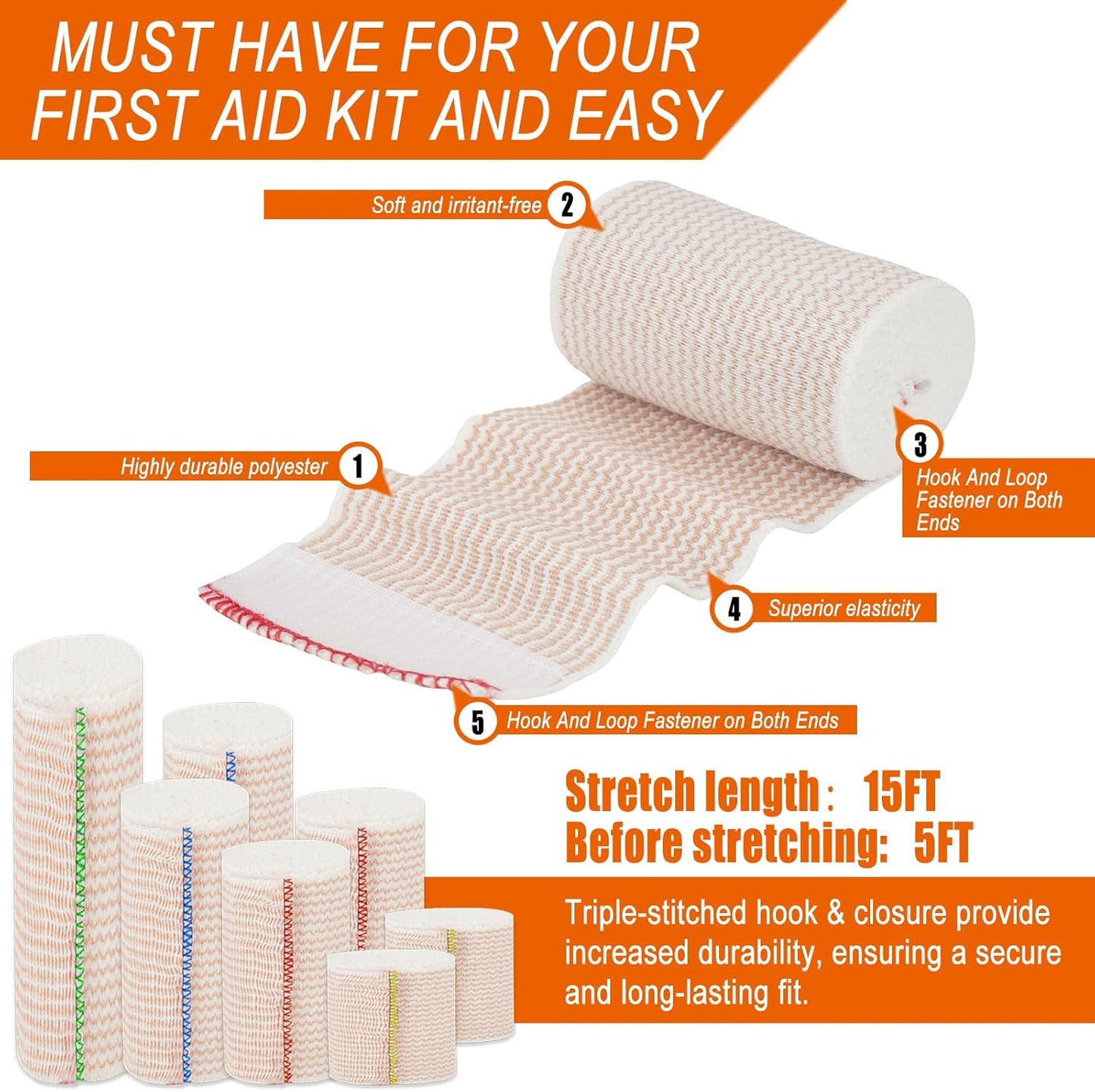 Premium Elastic Bandage Wrap 6 inch 10 Pack Reusable Versatile Self-Closing Compression Bandage Wraps for Ankles, Wrists Knee, Tummy and Body Cotton Lymphedema Wraps for Legs Latex-Free