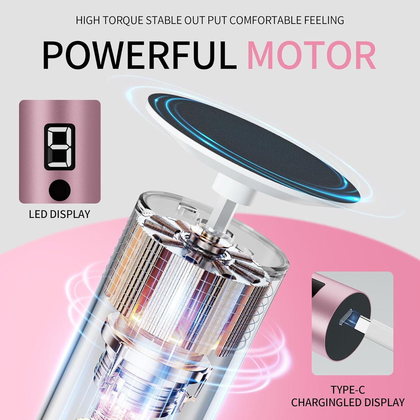 Powerful Electric Foot File & Callus Remover - Over 1-Hour Continuous Use, 360° Rotating Grinder, Foot Drill & Sander, 1200mAh Rechargeable Cordless Pedicure Tool,Foot Grinder(Pink+White)