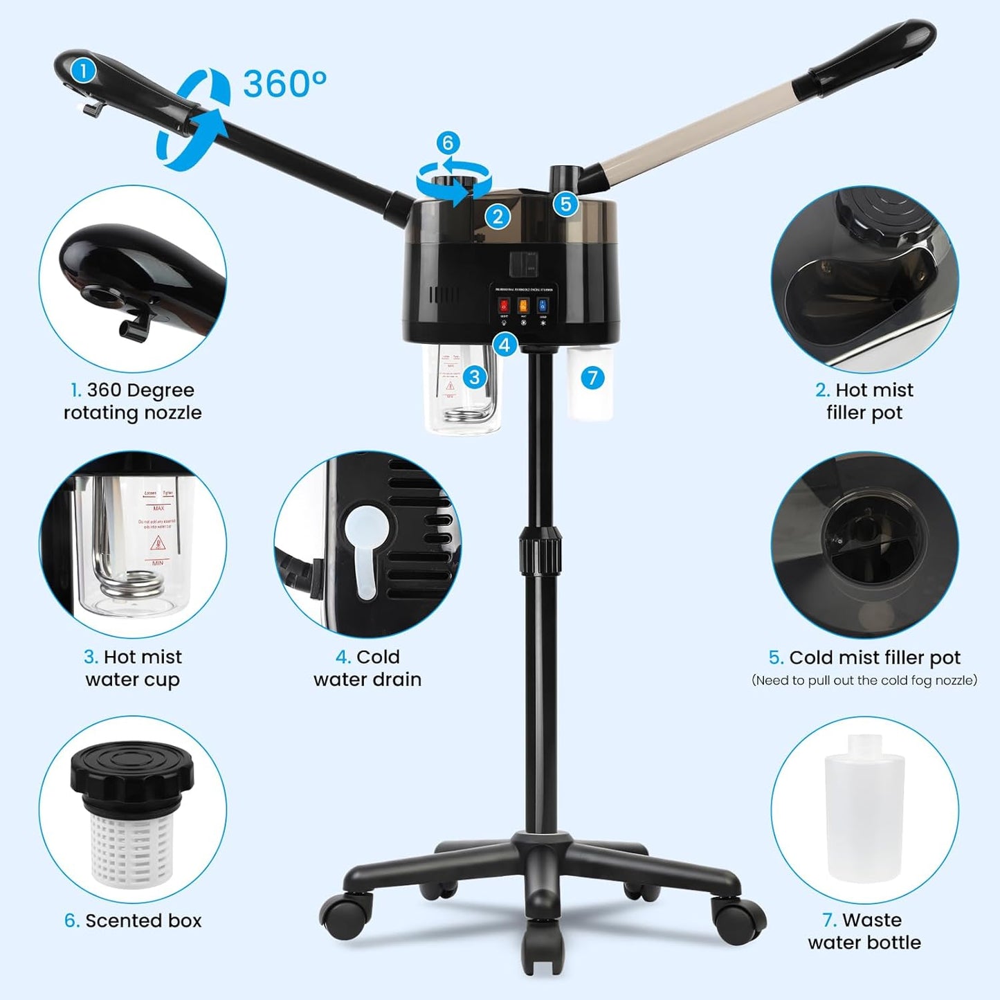 Professional Facial Steamer, 2 in 1 Hot&Cold Mist Facial Steamer, Facial Humidifier on Wheels, Esthetician Steamer for Facial Deep Cleaning and Moisturize, Suitable for Spa, Salon and at Home Use