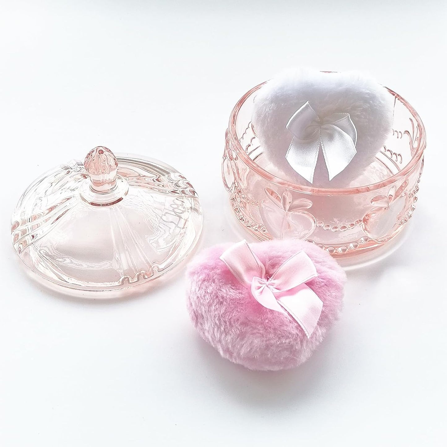 Body Powder Puff and Container - Glass Dusting Powder Container with 2 Soft Puffs Vintage Powder Puff Case for Women & Girls (3.93x3.93x4.13 H in) - GRB017-Pink
