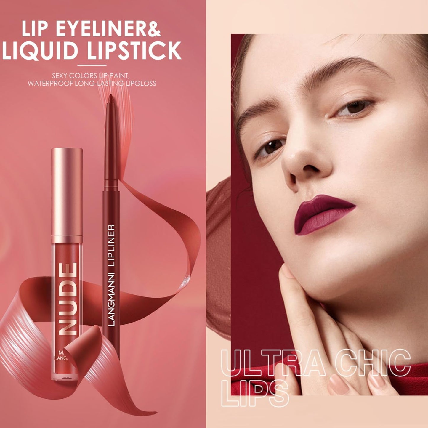 LANGMANNI 4pcs Matte Lipstick with Lipliners Durable Makeup Set,Long-Lasting Non-Stick Cup Not Fade Waterproof Pigmented Velvet Lipgloss Kit Beauty Cosmetics Makeup Gift for Girls(#3+4+6+12)