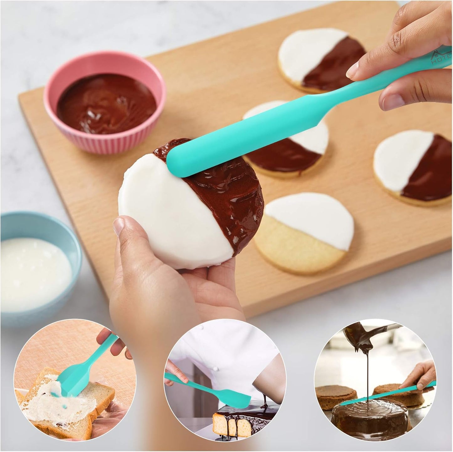 HOTEC 600℉ Heat Resistant BPA-Free Silicone Rubber Spatula Set,Kitchen Cooking Spatulas, Baking, Mixing for Non Stick Cookware, Dishwasher Safe, Set of 5 Aqua Sky