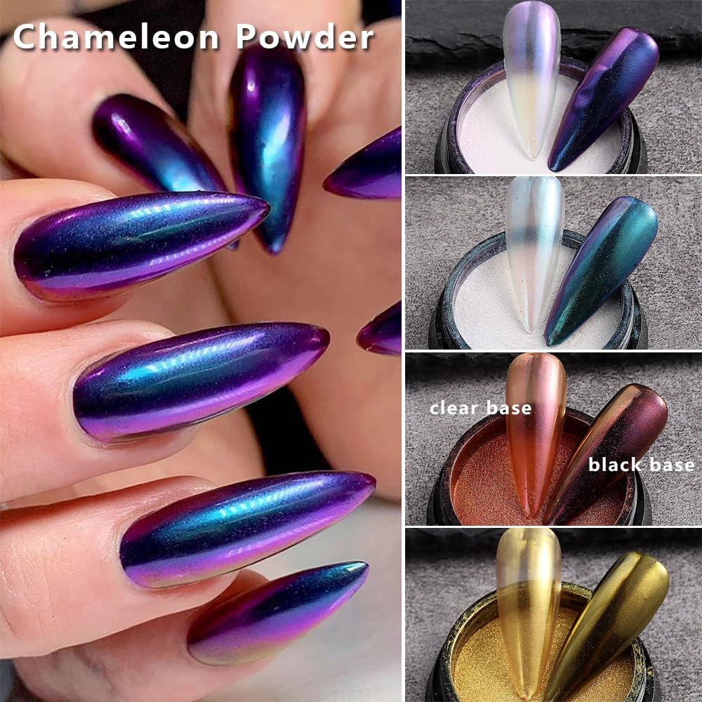 16 Colors Chrome Nail Powder Set, Metallic Mirror Effect Holographic Aurora Chameleon Pigment Glitter for Gel Polish Manicure Nail Art Decorations