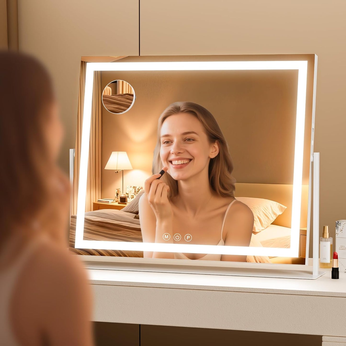 Vanity Mirror with Lights, 34'' x 26'' Lighted Makeup Mirror, Touch Screen with 3-Color Lighting, Dimmable for Vanity Desk Tabletop Square White