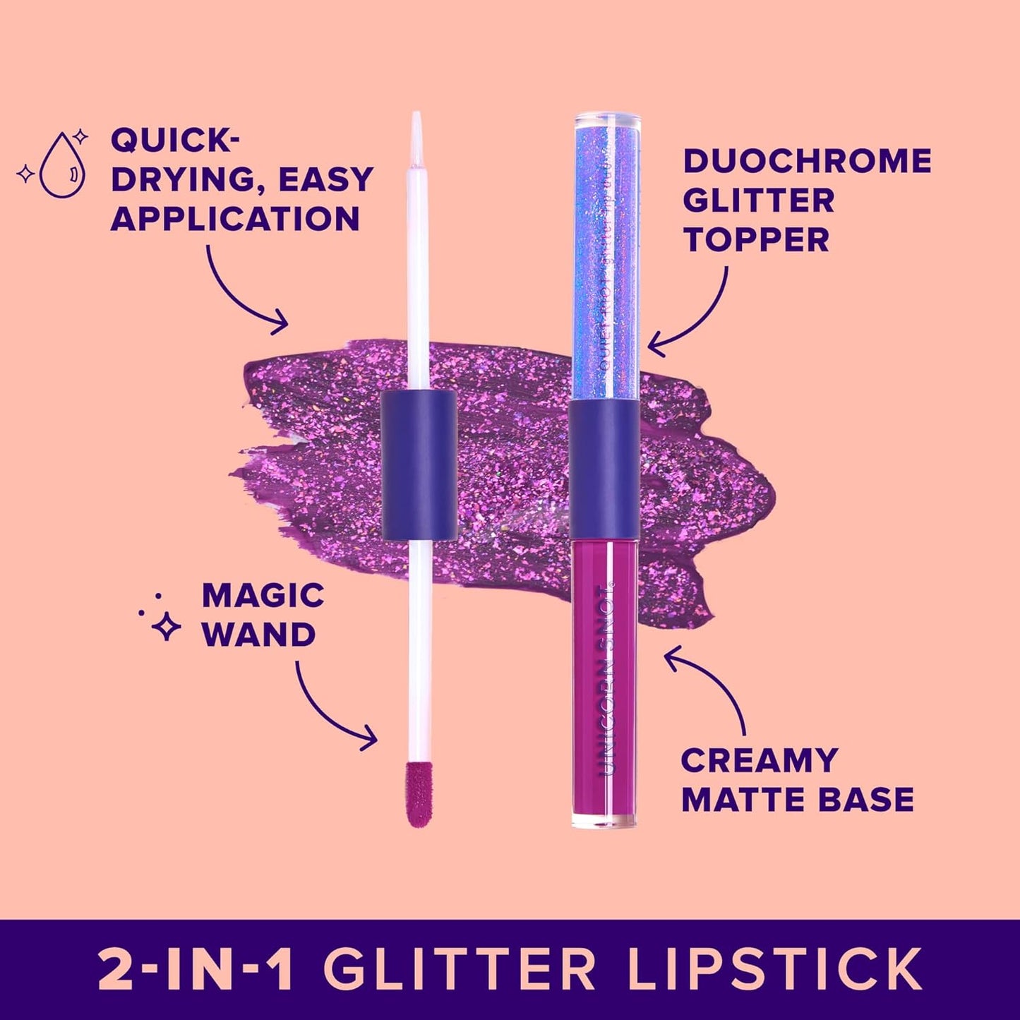 UNICORN SNOT Quiet Riot™ Plastic-Free Glitter Lip Duo | 2-in-1 Set w/Matte Lipstick & Sparkly Glitter Lip Gloss | Halloween Costume Makeup | 0.15oz Purple Lipstick & 0.16oz Gloss (Astro)