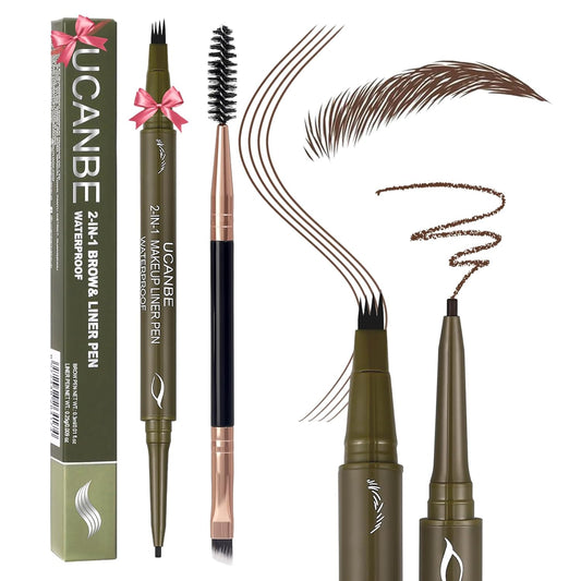 UCANBE Eyebrow Pencils for Women with Spoolie Brush, Dual-Ended Eyebrow Pen with 4-Fork-Tip & Gel Eyeliner, Microblading Brow Pen with Eyeliner Pencil + Brow Brush for Hair Like Brows, Dark Brown