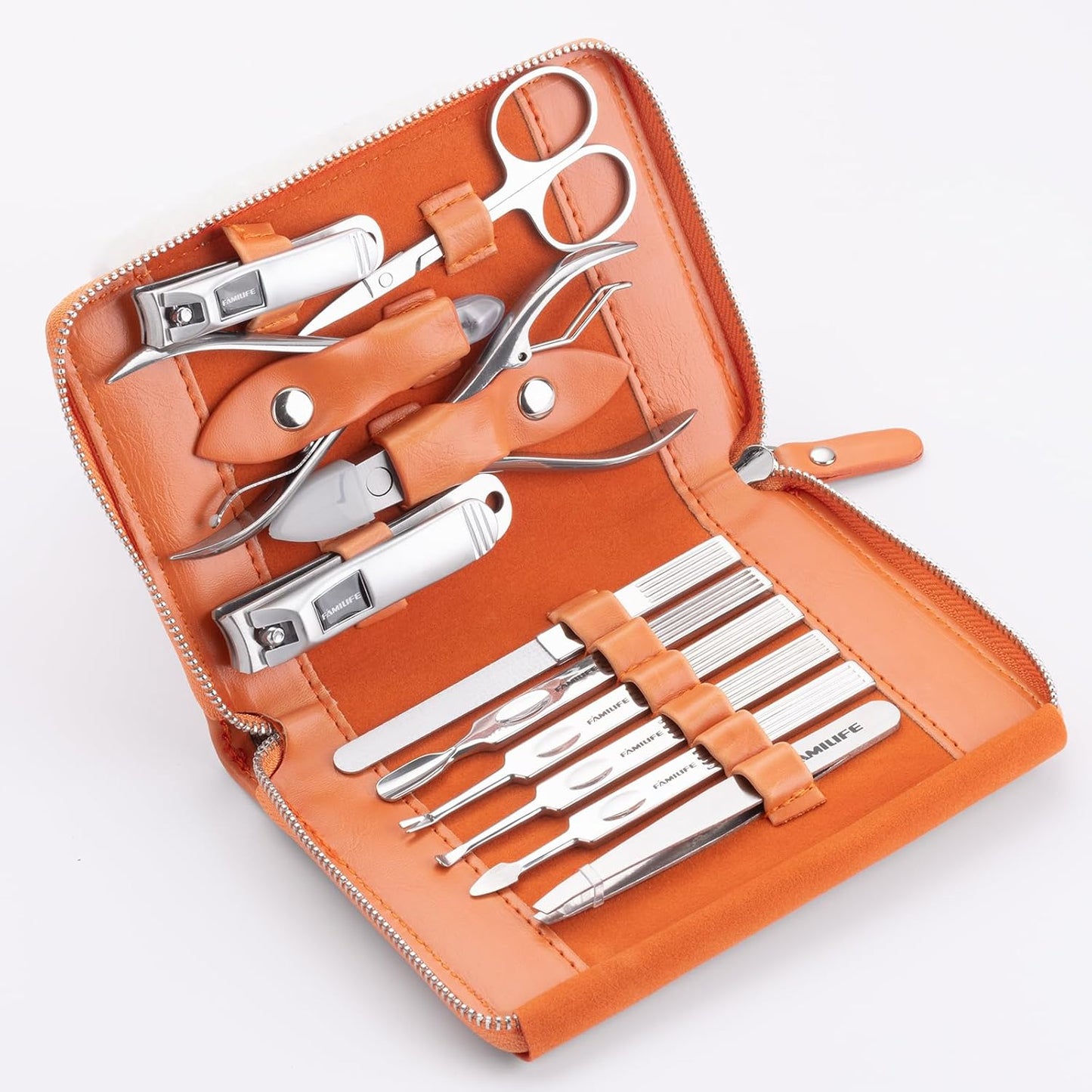 FAMILIFE Professional Manicure Set, Manicure Kit, Nail Clippers Set, 11 in 1 Stainless Steel Orange Pedicure Tool, Nail Kit with Portable Leather Travel Case Luxury Gifts