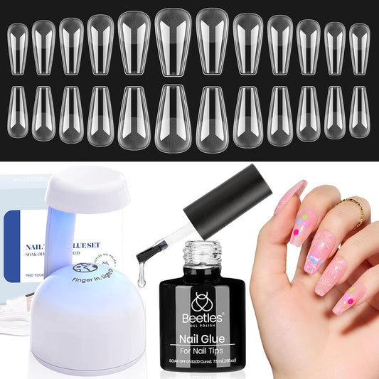 Beetles Gel Nail Kit Easy Nail Extension Set With Etch X Nail Tips 504Pcs Half Matte Medium Coffin Shaped Tips 5 in 1 Nail Glue Base Gel and Innovative Led Lamp Diy Art at Home Nail Kit