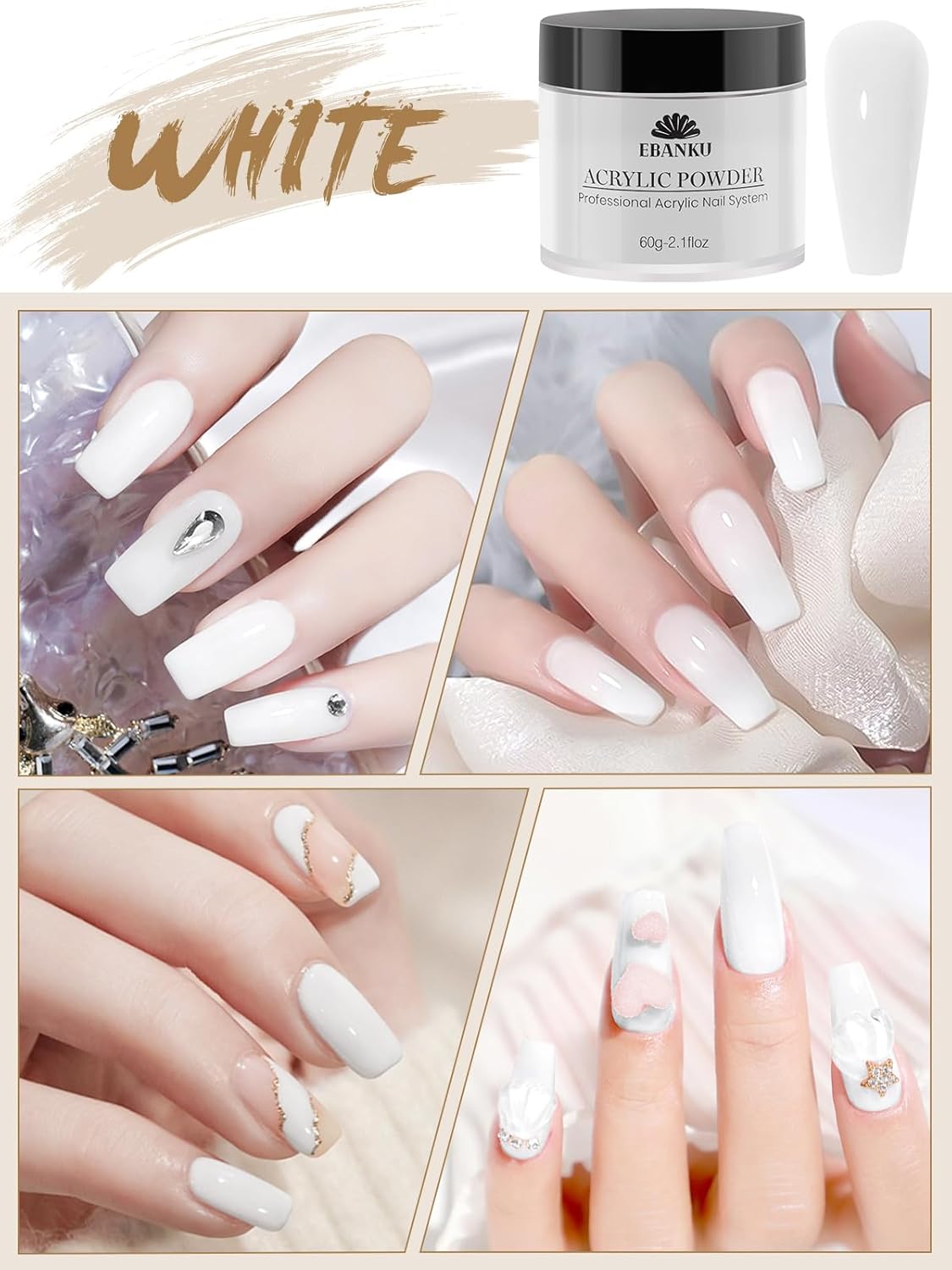 EBANKU Acrylic Nail Powder Set, 2 Colors Pink White Acrylic Powder Professional Nail Acrylic Powder for Nail Acrylic Extension, Nail Carving, Long-Lasting, No Nail Lamp Needed, 2.1 oz