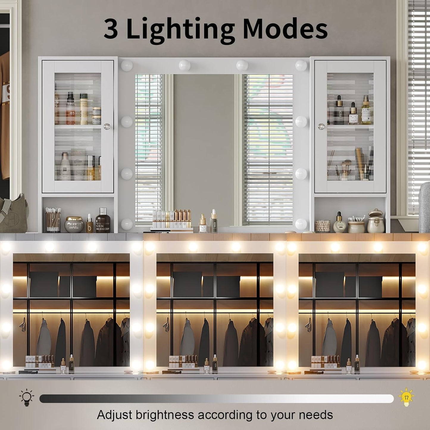 Vanity with Mirror and 10 LED Lights,Vanity Desk with Power Outlet, Makeup Vanity with 12 Drawers and 2 Cabinets, Fold-up Panel, Glass Top Vanity Table with Chair for Bedroom, White