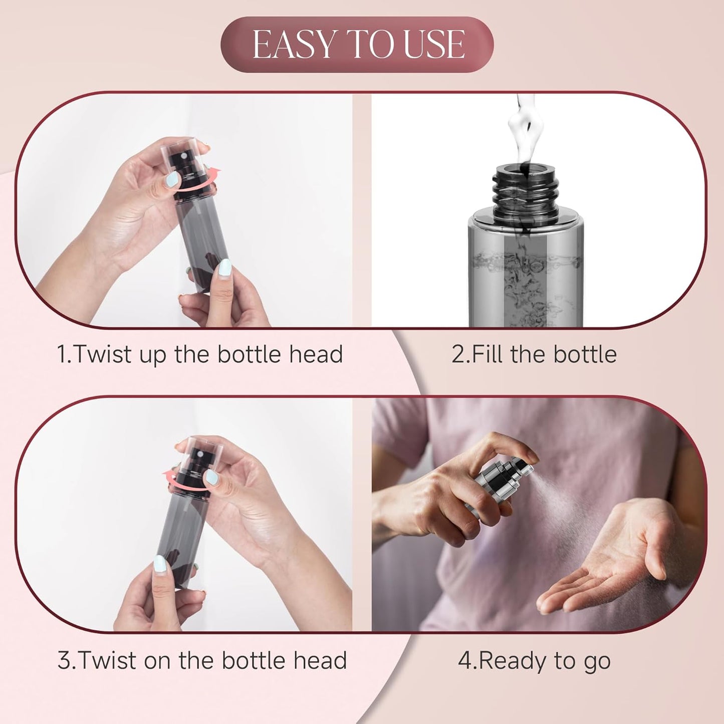 3Pack Small Spray Bottles, 2oz Black Plastic Fine Mist Mini Mister Bottles for Hair, Cleaning, Salons, Planting, Skin Care