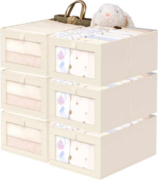 Criusia 6 Pack Linen Closet Organizers and Storage, Large Linen Closet Baskets for Organization, Foldable Storage Containers for Clothing, Towels, Toys, Jeans, Books, Shelves, Beige