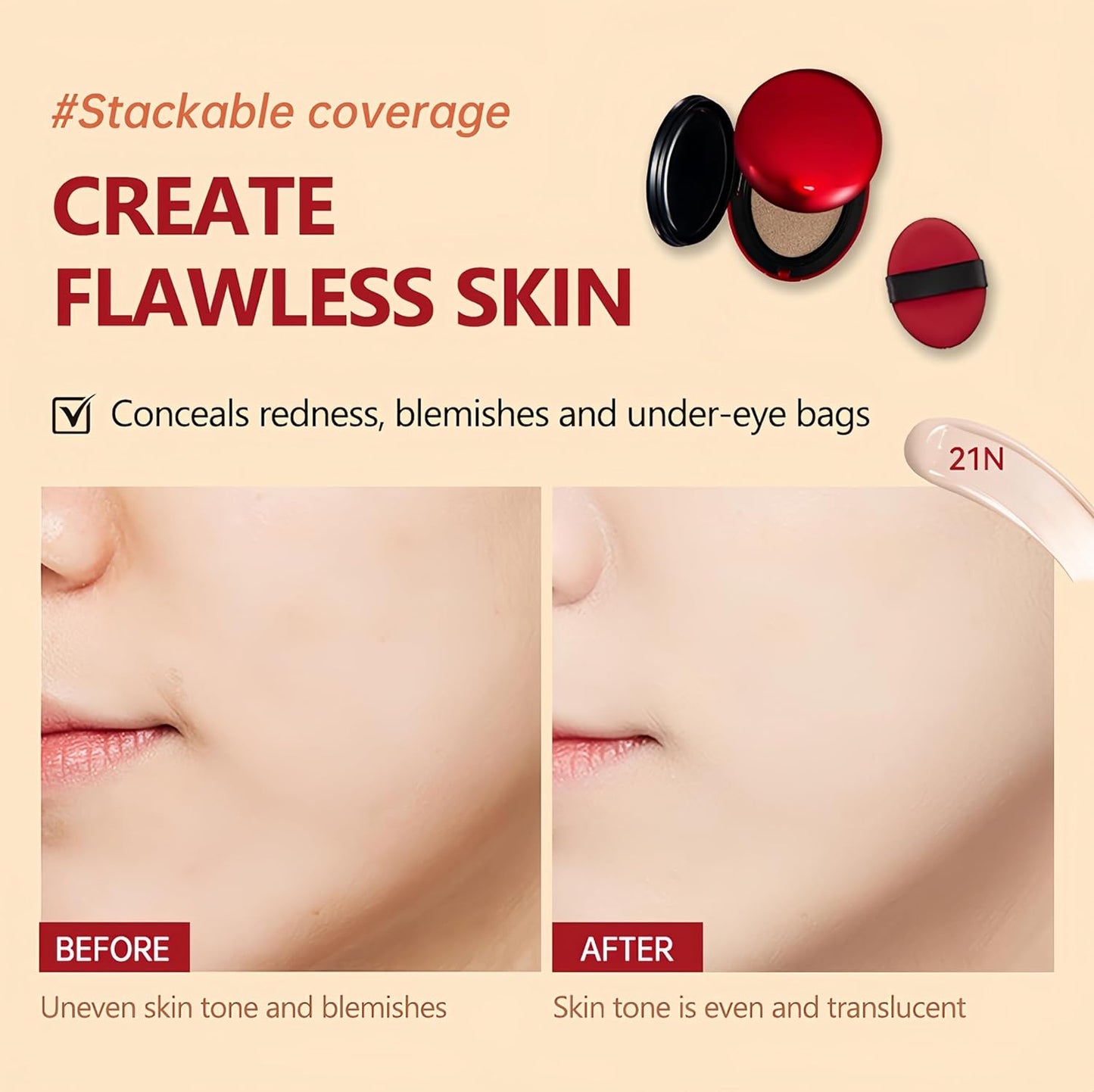 MAEPEOR Cushion Foundation 9 Colors Full Coverage Weightless Satin Glow Foundation Hydrating Long-Lasting Cushion BB Cream (Color 01)