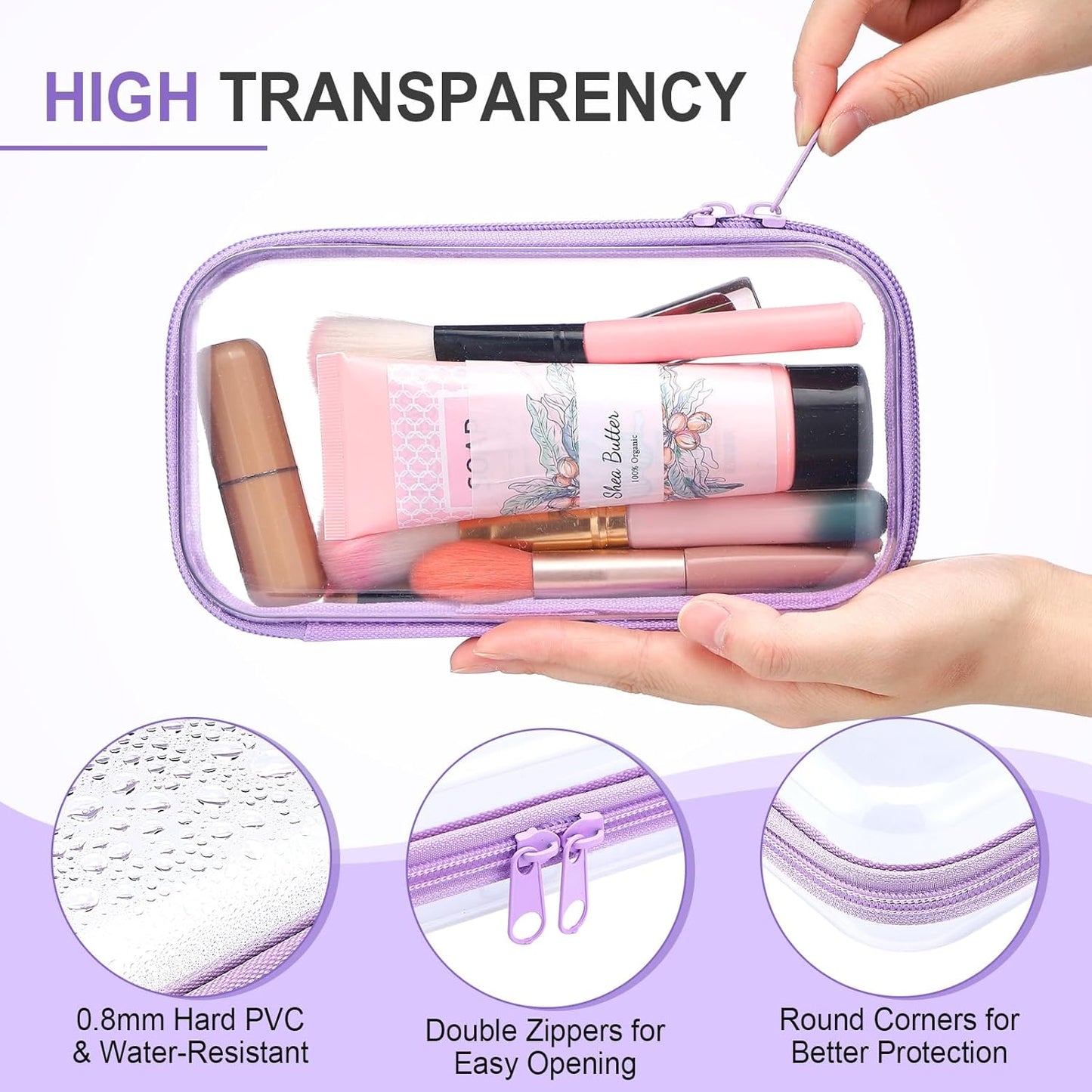Hoolerry 4 Pcs Hard Clear Zipper Case Makeup Bags Plastic Pencil Pouch Transparent Storage Box Containers for Cosmetics, Snacks, Building Blocks, Puzzles(Purple,7.5 x 3.9 x 2 in)