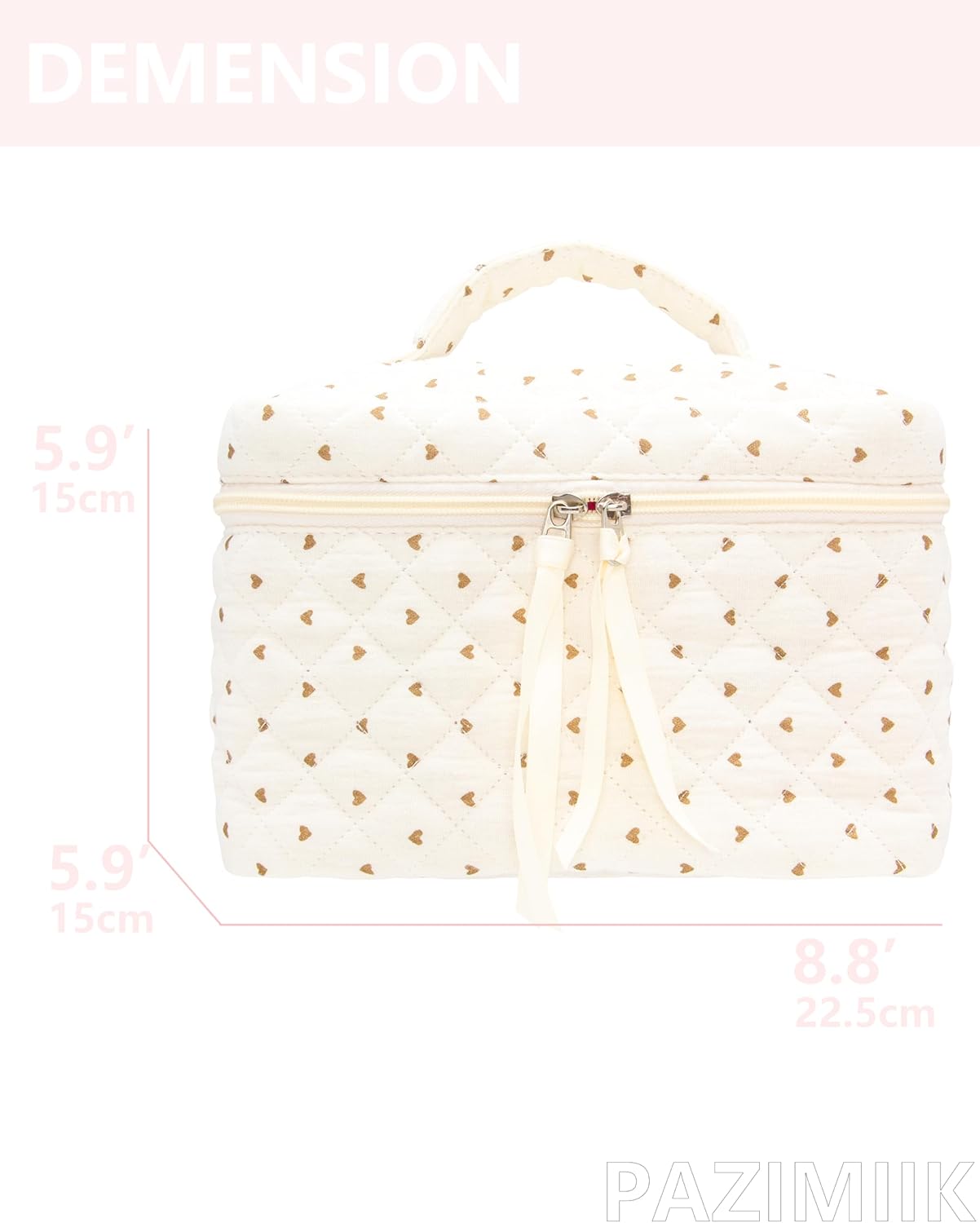 PAZIMIIK Quilted Makeup Bag Large Travel Zipper Soft Cosmetic Case for Women Girls Make Up,Gauze Heart Coffee