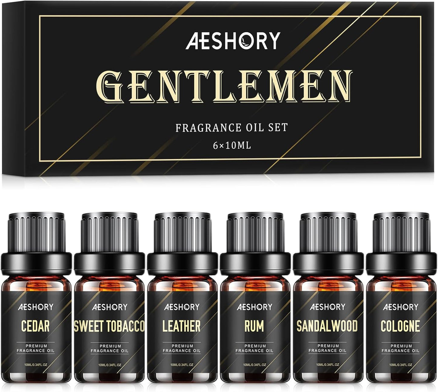 Gentlemen's Essential Oils Set - 6x10ML Mens Fragrance Oil for Candle Making, Diffuser - Sandalwood, Cedar, Leather, Sweet Tobacco, Bay Rum, Cologne Aromatherapy Oils for Men
