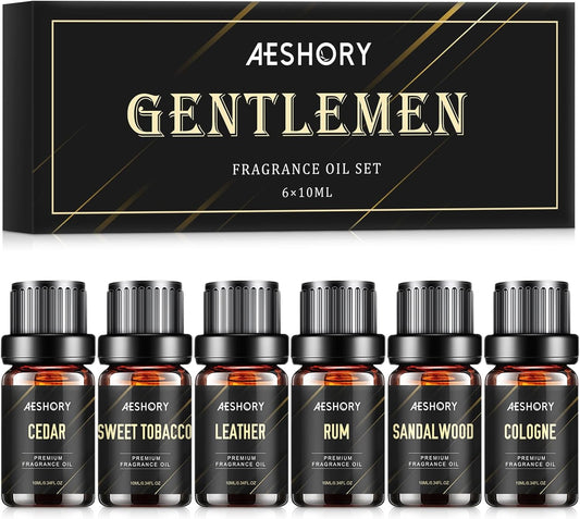 Gentlemen's Essential Oils Set - 6x10ML Mens Fragrance Oil for Candle Making, Diffuser - Sandalwood, Cedar, Leather, Sweet Tobacco, Bay Rum, Cologne Aromatherapy Oils for Men