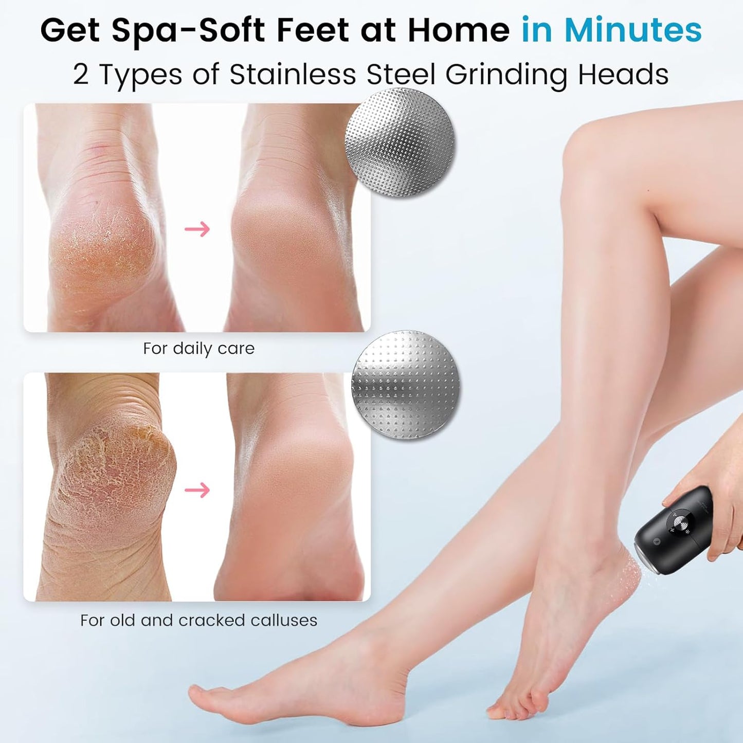 Quaferen Electric Foot Callus Remover 3-Speed Rechargeable Foot File Portable Pedicure Tools for Feet with Stainless Steel Head IPX6 Waterproof Foot Scrubber for Dead Hard Cracked Dry Skin (Black)