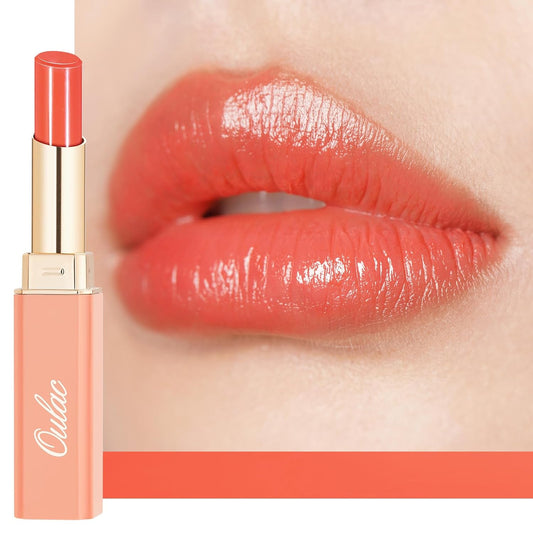 Oulac Moisturizing Shine Orange Red Lipstick for Women - 2 in 1 Orange Red Glossy Tinted Lip Balm, Hydrating Winter Lipstick for Dry Lips,Shine Juicy Finish Vegan 2.2g/0.07oz (12)