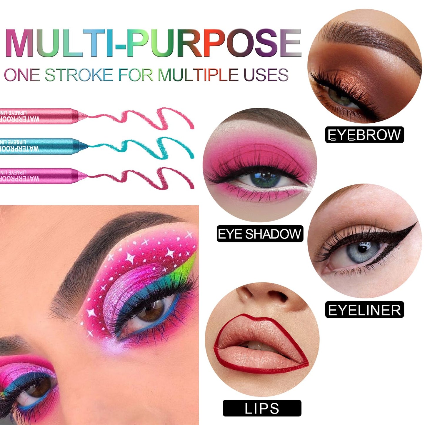 3 Colorful Eyeliner Pen Set, Eye Shadow Pencil, Pearl Eyeliner Kit Metallic Glitter Colored Eye liner for Women Eye&Lip Liner Professional Waterproof Eye Makeup (3PCS C)