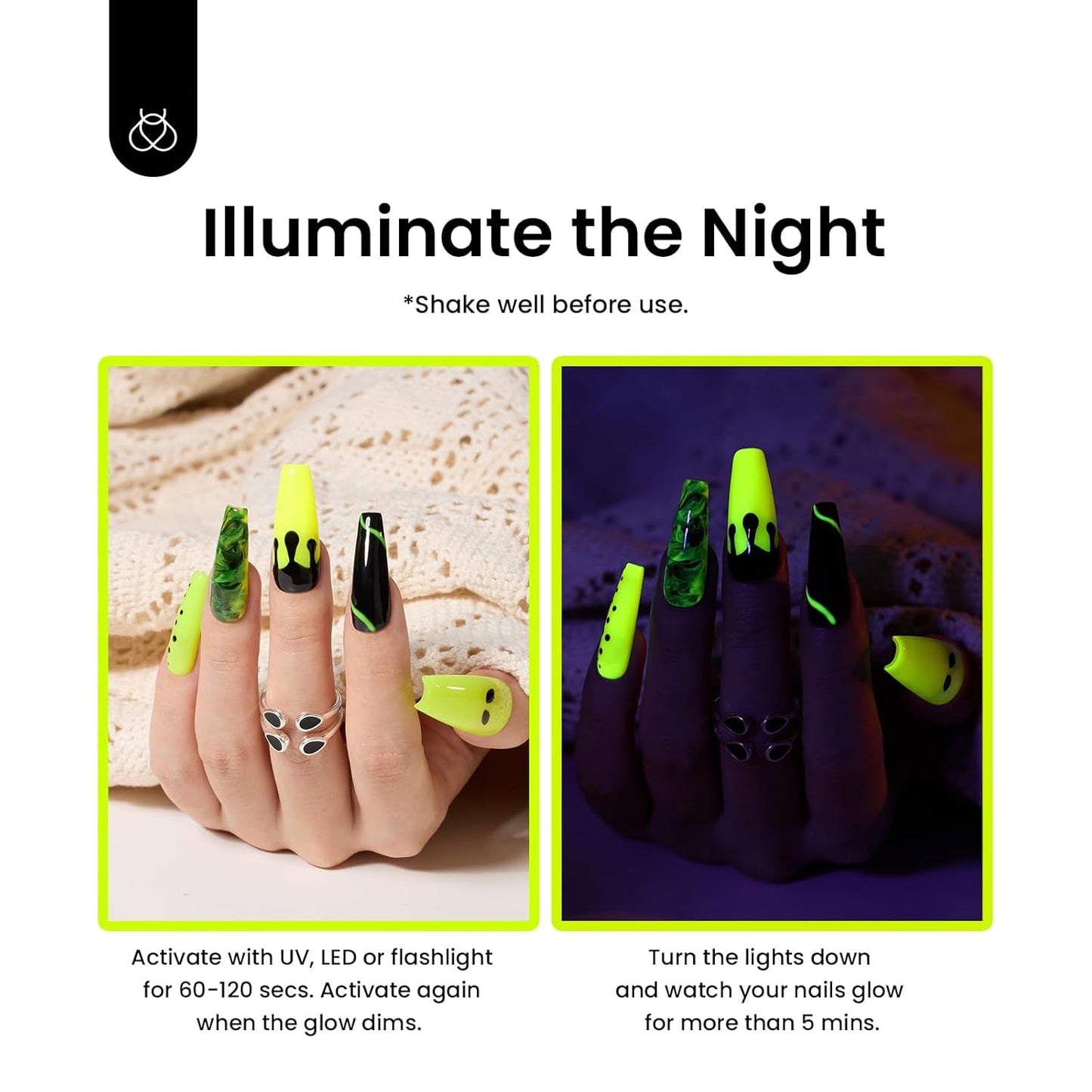 Beetles Halloween Gel Nail Polish – Luminous Yellow Glow in the Dark Green Gel Polish, Noctilucent Green Luminous Color Soak Off U v LED Lamp DIY Manicure 0.5Oz