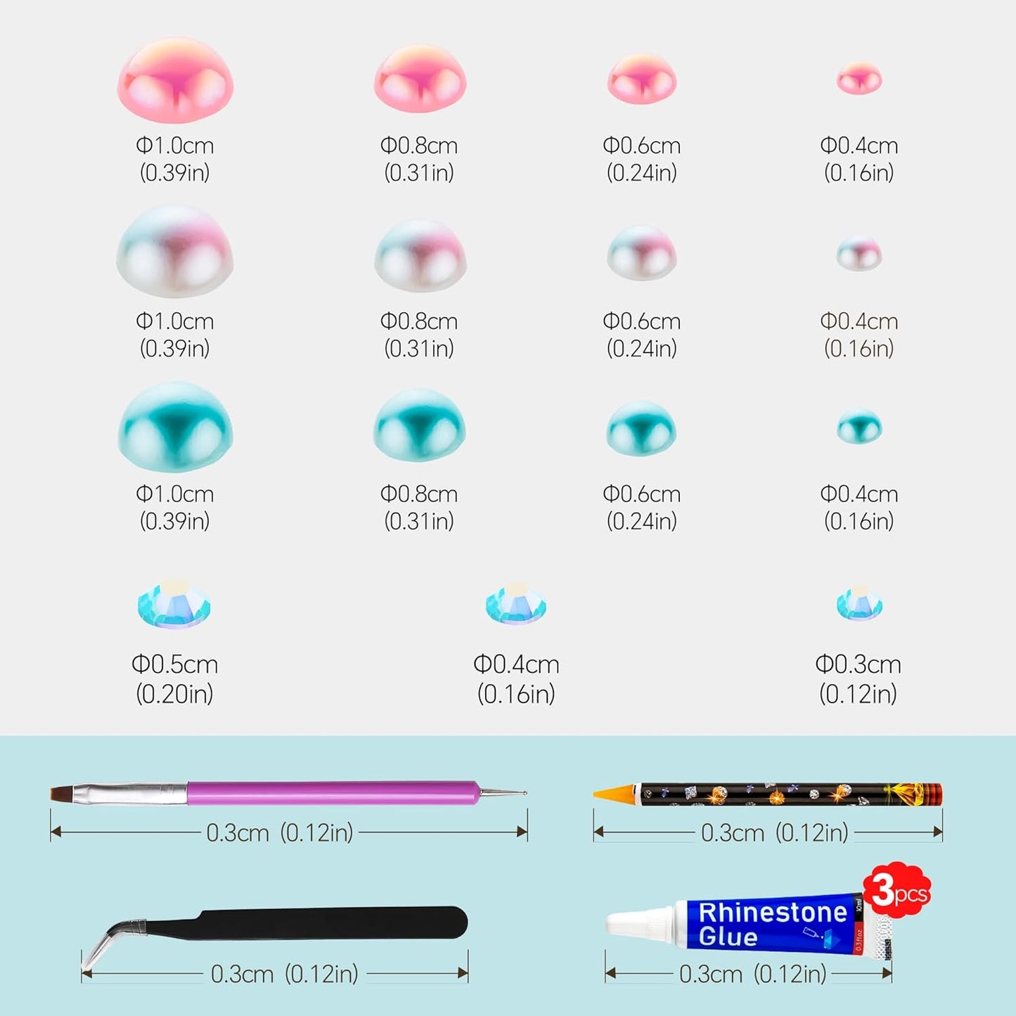 60g Cyan Pink Flat Back Pearls Rhinestones for Crafts Mixed Size 3mm-10mm AB Color Round Half Pearls Flatback Pearl Beads and Resin Rhinestones Set for Face Art with Gel