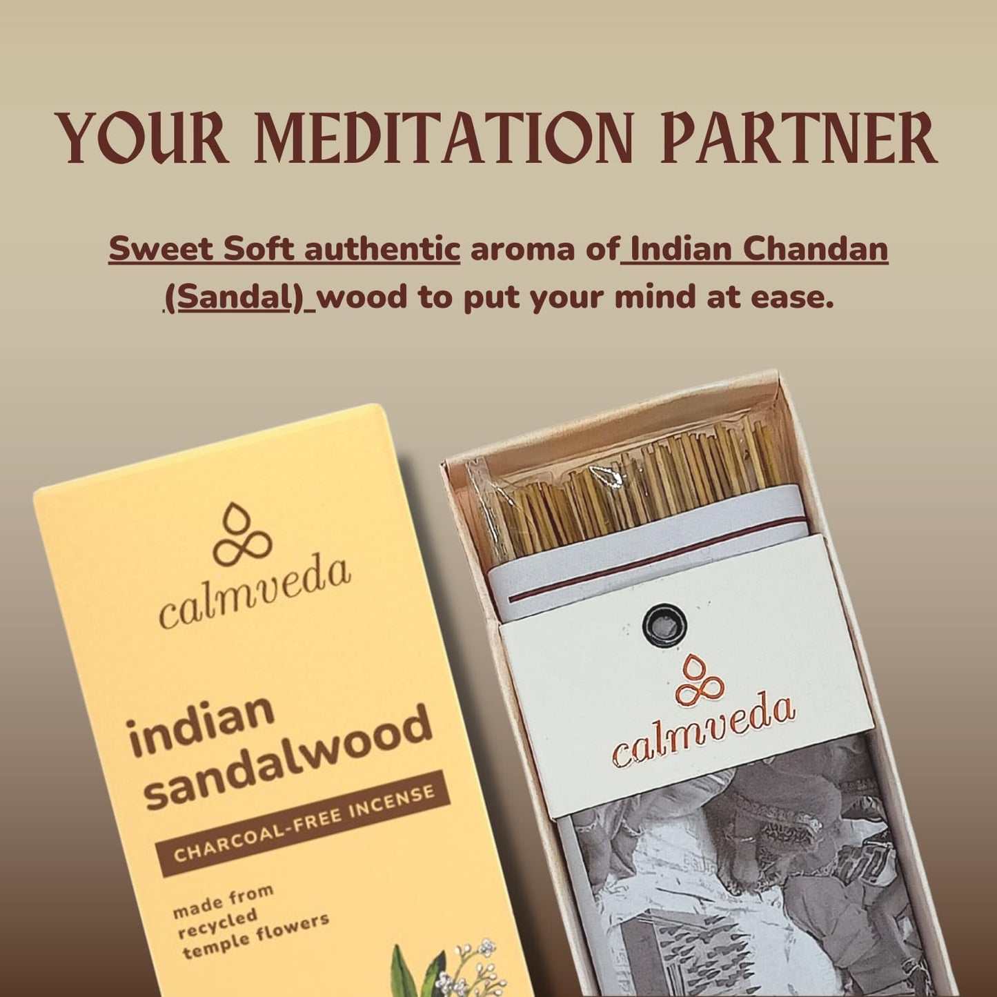 Indian Sandalwood Incense Sticks - 80 Sticks, Charcoal Free, Upcycled Flowers, All Natural, Non Toxic, Meditation & Stress Relief