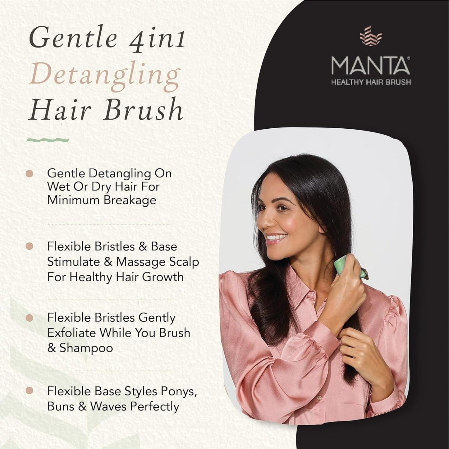 Manta Original Anti-Breakage Hairbrush – Gentle Detangling Brush for Wet & Dry Hair, Flexible Hairbrush for All Types, Healthy Hair Care for Women & Men, Black